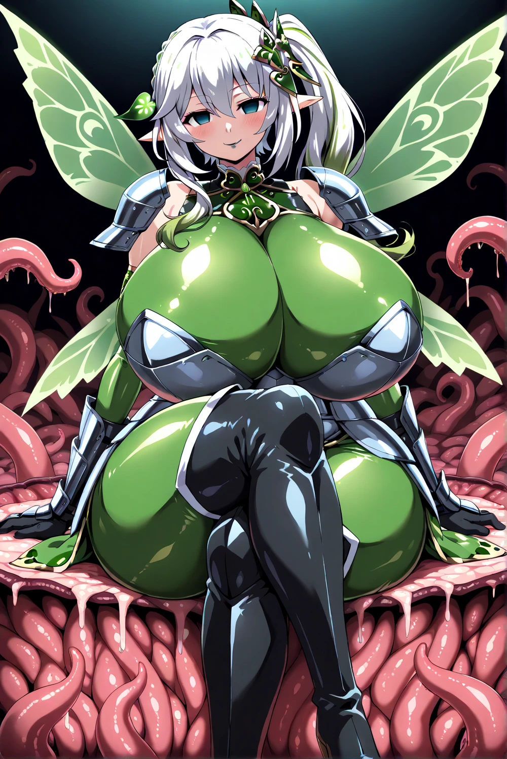 goddess(mature appearance, green pony tail hair, green long skirt, long sleeve), vaginal insertion(1 girl, spread legs, rape by jelly monster)