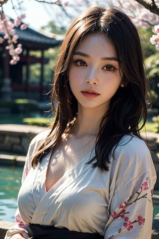 masterpiece, best quality, extremely detailed, intricate detail, high resolution, official art, finely detailed beautiful face and eyes, high resolution illustration, 8k, depth of field, bokeh, solo, 1girl, wearing Silk kimono with a delicate floral print. Lighting: Soft natural sunlight filtering through sheer curtains. Background: Japanese-inspired screen divider.