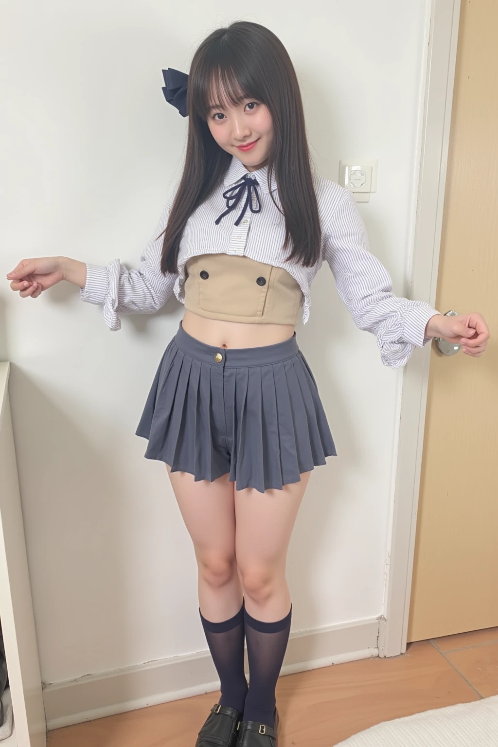 (8K、RAW Photos、Highest quality、masterpiece:1.2)、(Realistic、Realistic)、1 Girl、((Sailor Moon Costume:1.2、Thin legs、whole body、View from the front、smile、Looking into the camera、Hold your skirt with both hands and show me your black panties))、cute