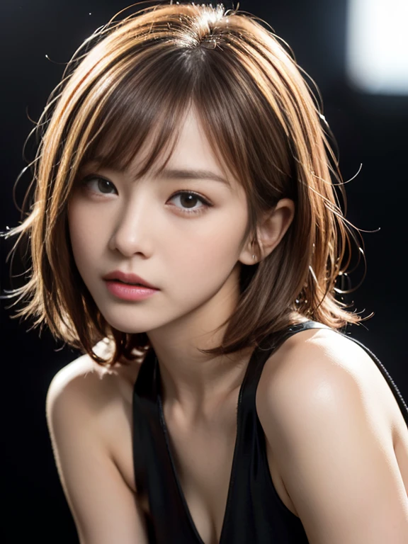 masterpiece, best quality, ultra-detailed, intricately detailed hyperdetailed, realistic, sharp features, highly detailed, sharp focus, 17 years old, Japanese Idol, perfect face, perfect symmetrically perfect eyes, perfect full lips, flexible female form, hyper detailed, hyper realistic, high resolution, vibrant, back lighting, ((Dark background)), plain dark background, fantasy art photos, Deep shadows, dark texture, Illuminate half of the face, short hair, straight Bangs, cleavage, brown Eyes, black blouse, cowboy shot,