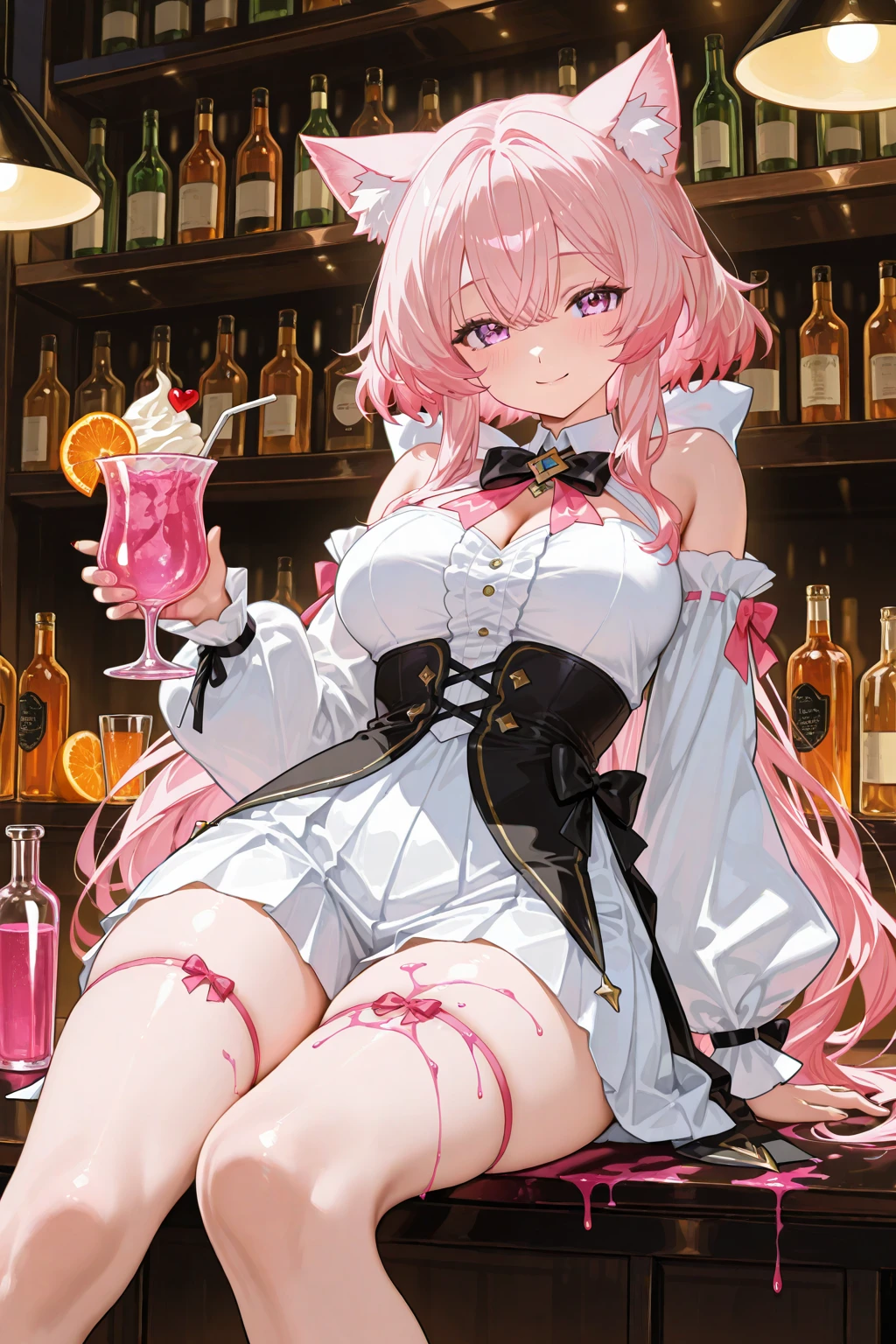 、Pink Hair、Medium Hair、頭にblack色のリボン、Pale blue eyes、Head to toe full body、Blushing、Embarrassed look、Composition from the front、A view from slightly below、Sit facing forward、No shoe-shaped legs、squat、Spread your legs in an M shape、Grab my leg、、、、White panties、black pantyhose、(black_pantyhose):1.2)、White panties are visible、bedroom、Inside the room、、Staring at the audience、Thin legs、Thin thighs、Slim toe、Squatting on the stairs