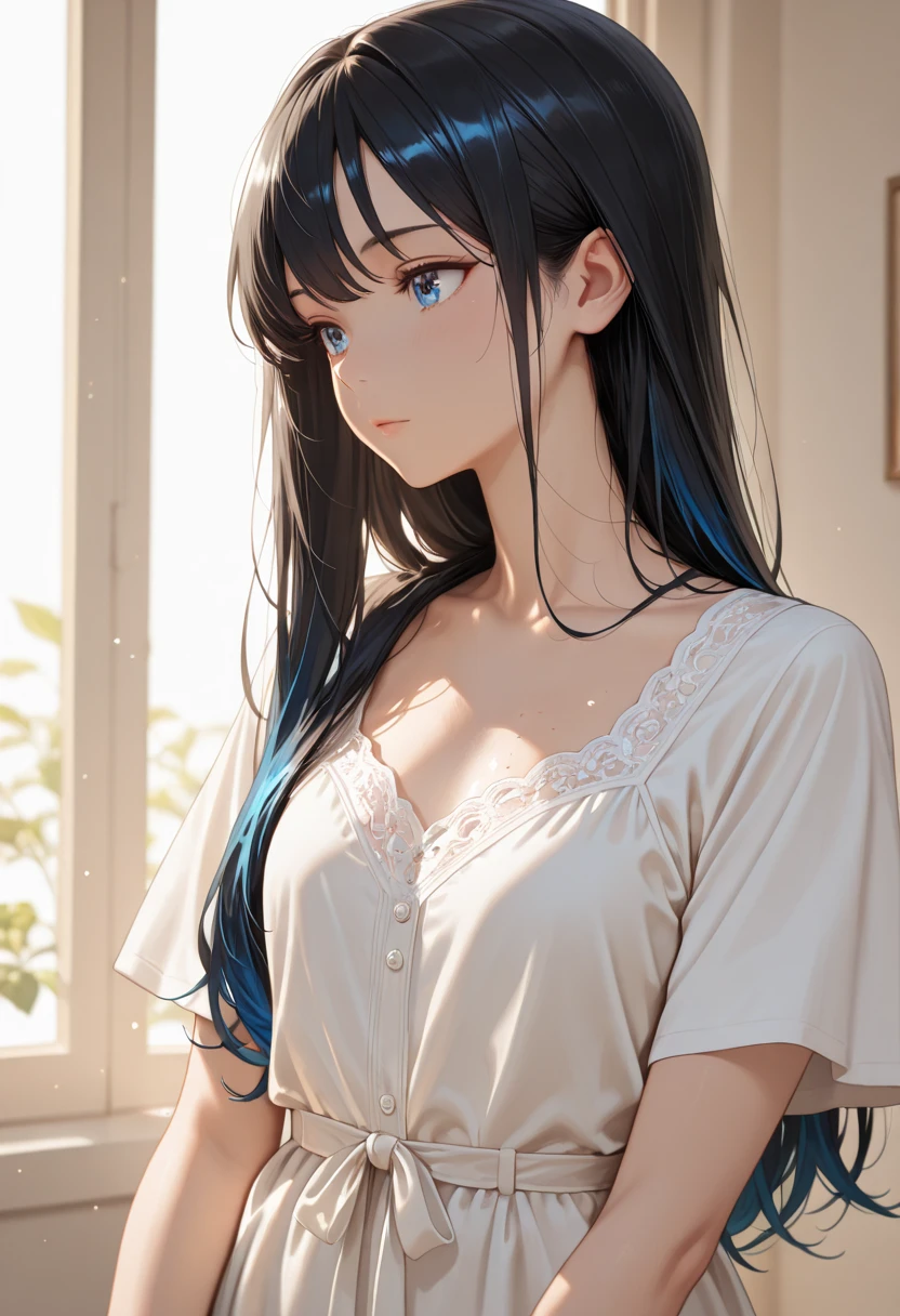 masterpiece, highest quality, High resolution，Follow the prompts、Anime Style、Brown Hair、Long Hair、blue eyes、Close your eyes and open your mouth wide、pajamas
