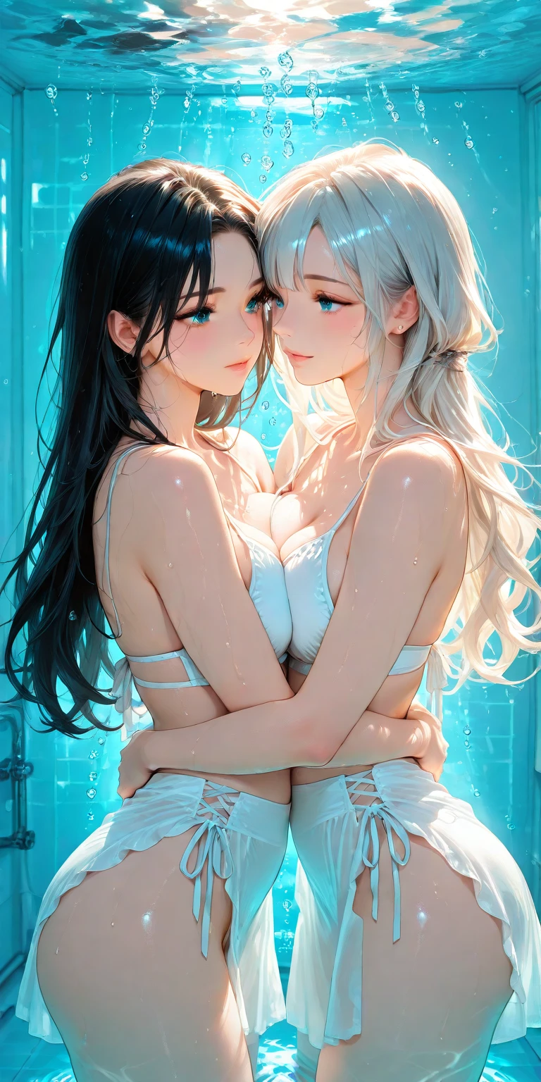 Two women, humble, beautiful, represent Yin and Yang, Tao, the gaze that transmits peace, sunrise and sunset, black and white, shadow and light, darkness and heaven, hand on hand, the sea and the sky, something red on both them