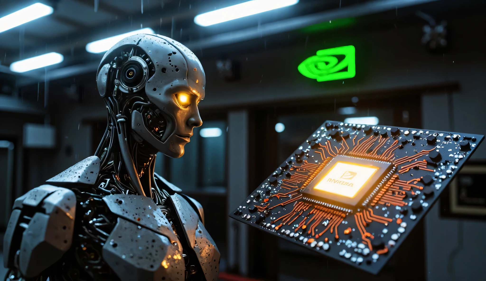 "A hyper-realistic cybernetic humanoid robot with exposed mechanical joints, glowing amber eyes, and a partially weathered metallic skull, standing in a dark, rainy sci-fi environment. To the side, a close-up view of a futuristic AI microchip glowing with vibrant orange and red circuit lines, embedded in a high-tech motherboard. Above or in the background, the NVIDIA logo is subtly integrated into the scene, glowing faintly with green light. The entire composition conveys cutting-edge artificial intelligence, transhumanism, and advanced computing power. Cinematic lighting, 8K resolution, shallow depth of field, dramatic shadows, photorealistic style."