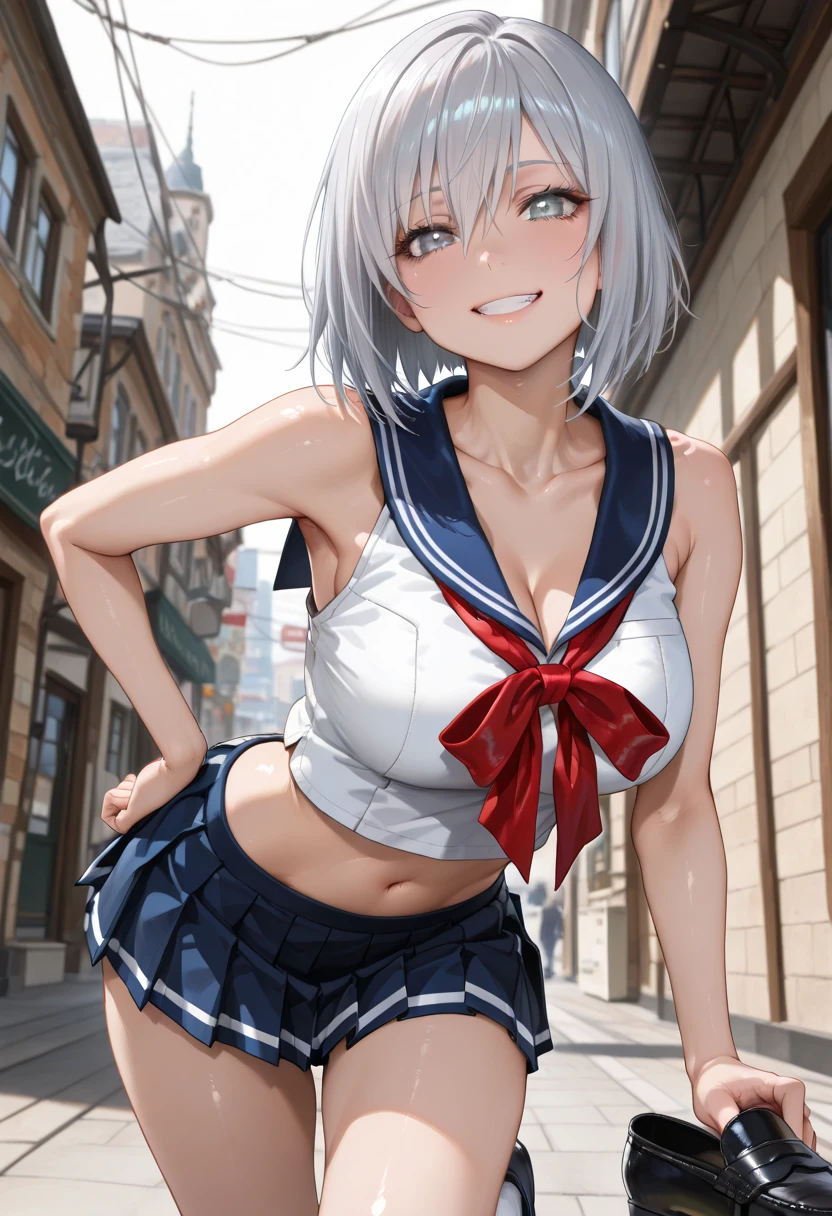low angle shot, cowboy shot, from the front、((skirt lift)), (((Showing white panties))), anniversary, 1 Girl、Beautiful silver hair、((((Very short hair))))、Blue eyes、(hair band)、((Blunt bangs)), small breasts、underboob, 22 years old, (tsurime), Tight waist、happy smile、Natural lighting、Very cute face, Cute pose、Monte Carlo Street Circuit, paying meticulous attention to detail, Lace-up boots, Short sleeve, Cropped tops, Knee-length, Exposing shoulders, Knee-lengthグリッターナイロンプリーツスカート, Promotional wear with logo, Red and white glitter promotional wear、Shallow depth of field