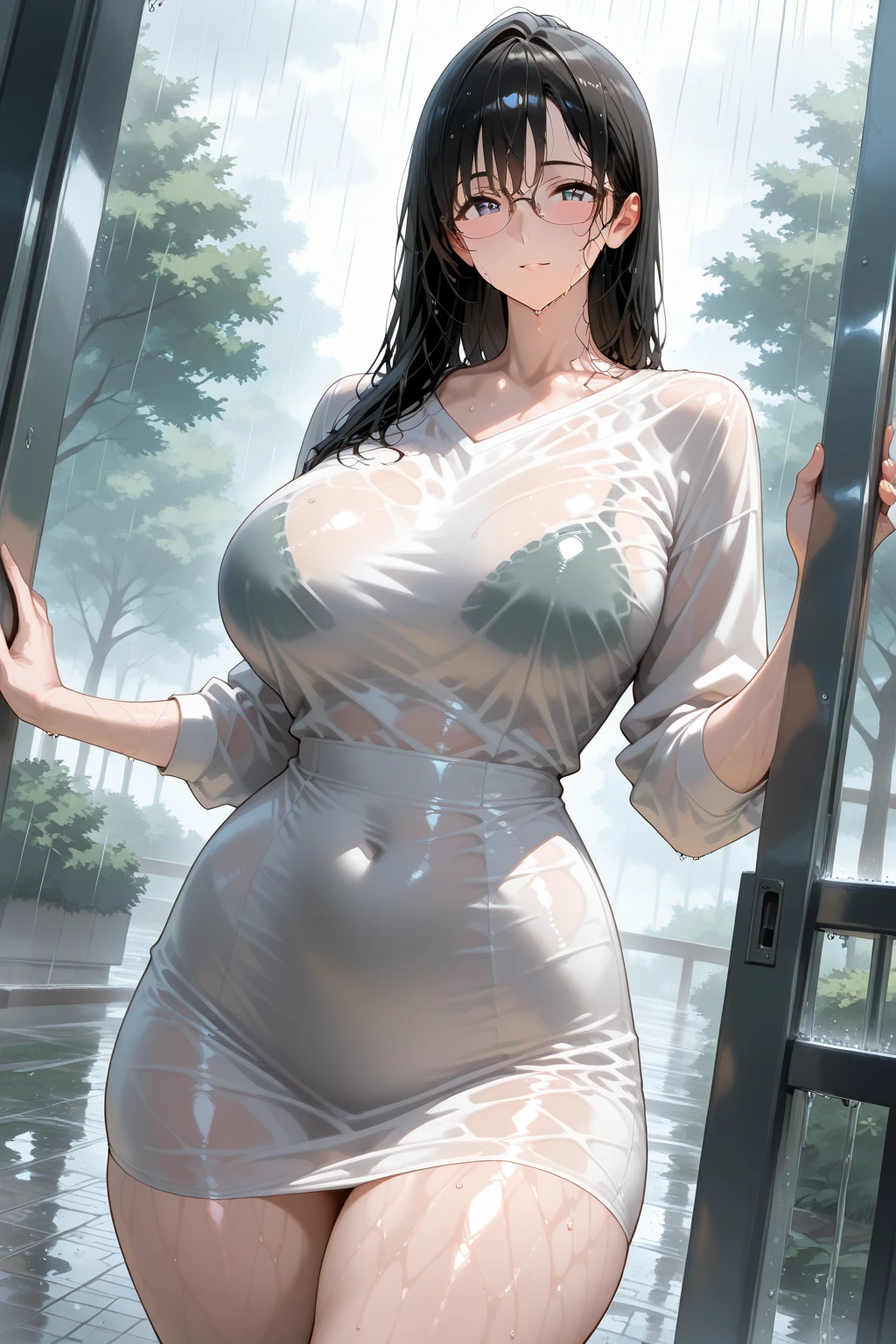 (Highest quality)), ((masterpiece)), (detailed), Looking up at a woman from below,((Full body shot 1.5)),A woman walking in the rain without an umbrella,In the city where buildings stand side by side,28歳のBeautiful woman,Married women,口を開いて微笑むMarried women,The look of temptation,Very sexy,(((Big Breasts,A white open-neck shirt,Wet, See-through clothing))),Small nipples,Pose that emphasizes the crotch,A soaked woman,
Beautiful woman,Beautiful Face,Big eyes,Beautiful Eyes,Beautiful double eyelids,Beautiful teeth alignment,8 heads,Beautiful body lines,Slender body,Beautiful Hands,Beautiful legs,Long hands,Long legs,Long and supple hair,Wet and shiny hair,Black Hair,Full body shot 1.4,Embarrassed expression,blush,mouth half open,Beautiful shoulders,Beautiful clavicle、Woman standing with legs spread,((I'Iはスカートを履いていません.7,Naked Under the Shirt 1.8,No bra or panties)),NSFW1.9,