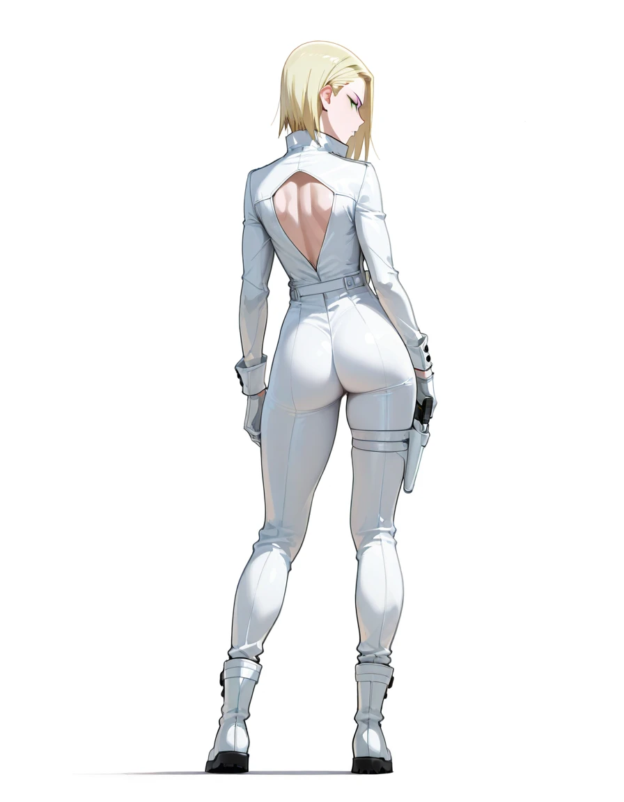 masterpiece,(masterpiece, top quality, best quality),1girl, solo, platinum blonde hair, belt, hand on hip, holding, large breasts, red and white bodysuit, choker, jumpsuit, simple background, looking at viewer, smile, bodysuit, medium short hair, cowboy shot, bangs, standing, lips, closed mouth, brown eyes, medium hair, center opening,