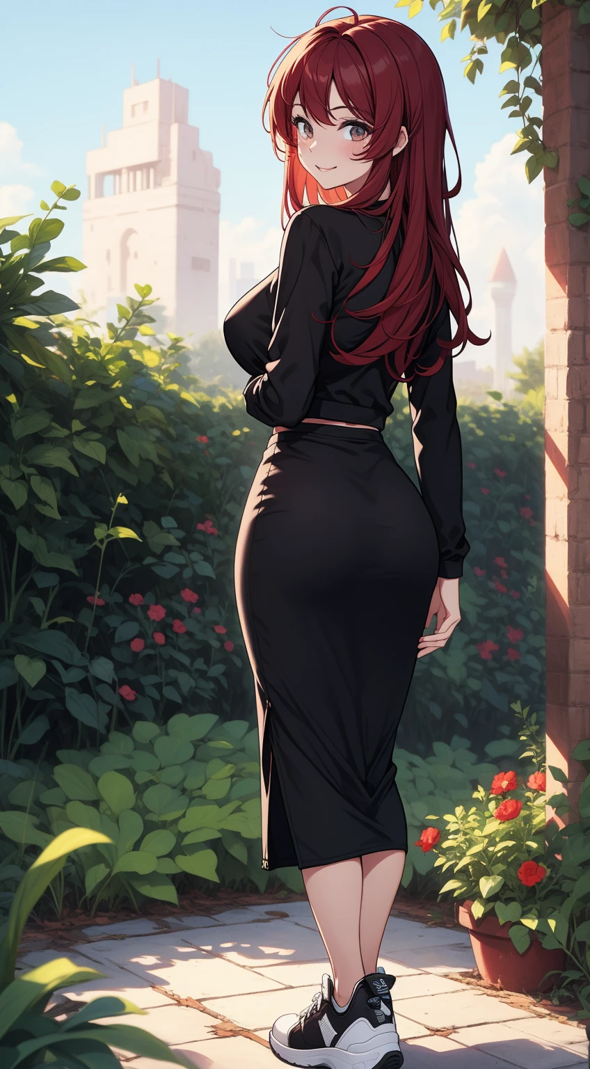 21 year old woman , long straight red hair, bright and expressive blue eyes, she opted for an elegant black dress. big fit ass , bunda big fit ass, quadril big fit ass, nsfw. background garden at night. Full-body image