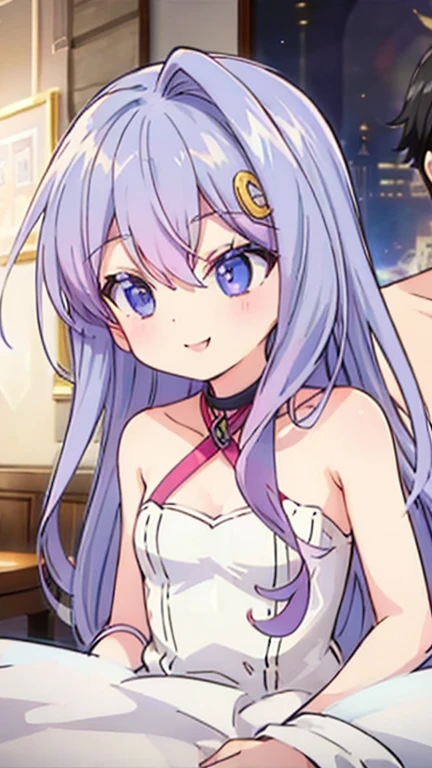 (shylily/(Twich/):1.5),(masterpiece:1.2),(best quality:1.2),masterpiece, best quality, very aesthetic, absurdres, 1girl, upper body,  long hair, scar across eye, hairclip, breats, smirk, open coat, tube top, cinematic angle, night city