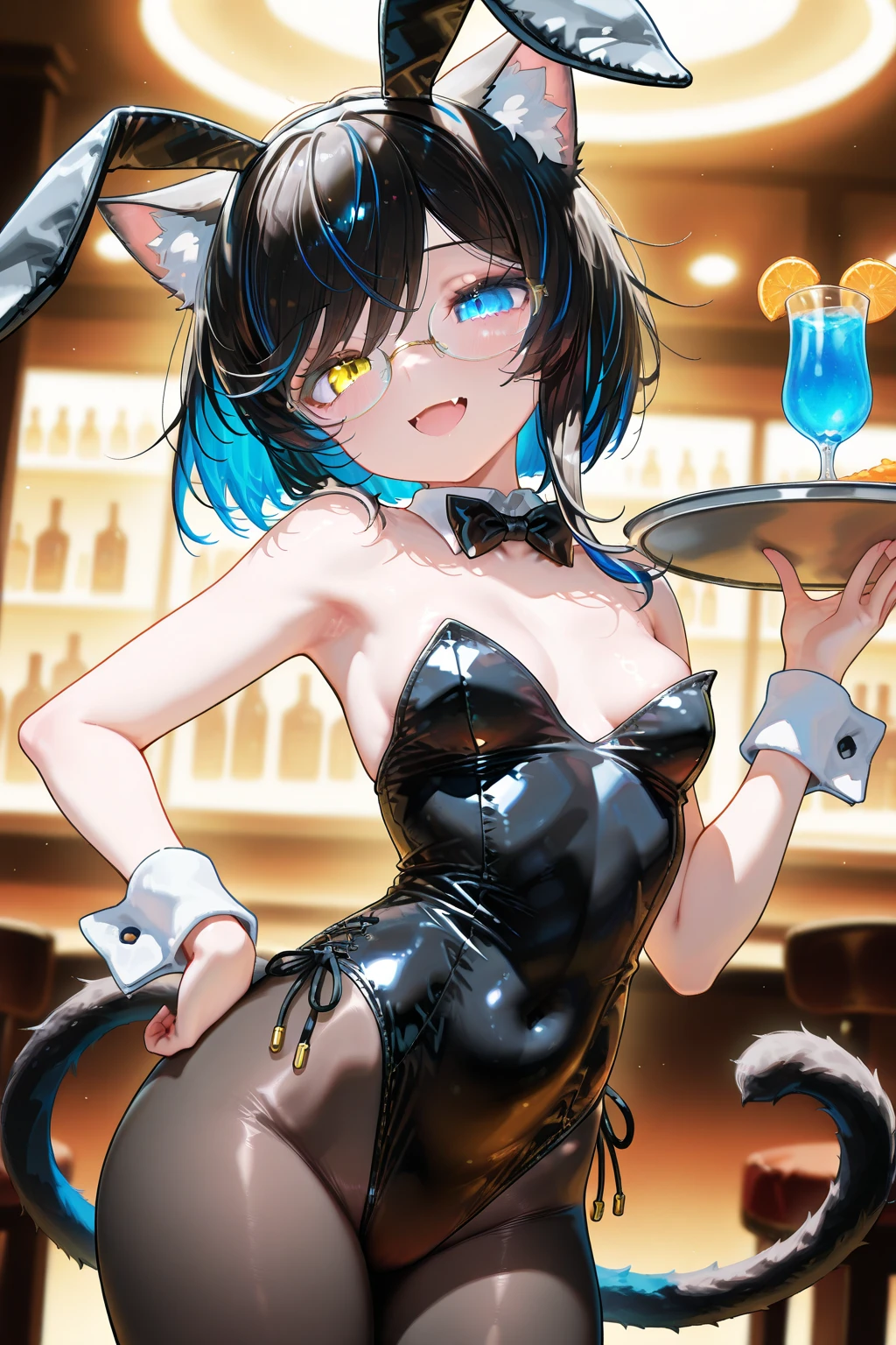 Highest quality, Highest quality, High quality illustrations, masterpiece, Ultra-high resolution, Detailed Background, bartender, bar, Shisha, Absurd, Perfect Anatomy, Performance, Good lighting, Shadows in the movie(kemono, Furry Personification)Dynamic Angle, Rubber suit, ラbarスーツ, latex, Earrings, Bunny Suit, rabbit, male
