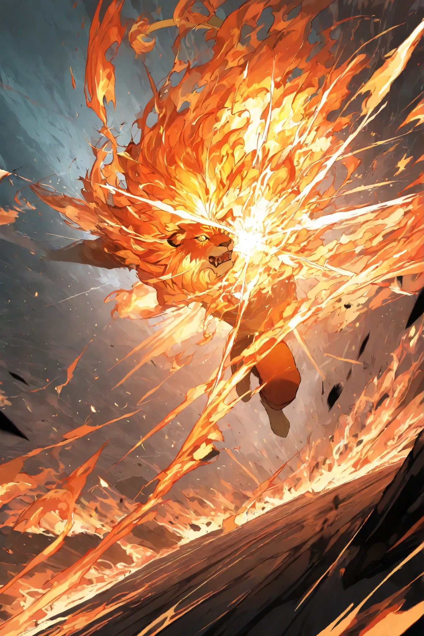 masterpiece, best quality,1 fire lion,best quality,heroic pose,dynamic angle,dynamic background,with epic light effect, high angle shot,like CCTV footage,fire burst of effects radiating from the center, outward flow of magic or particles, dynamic spread from core, fire visual explosion of fire, fire waves expanding from a central point, face clearly visible, character illuminated from within,