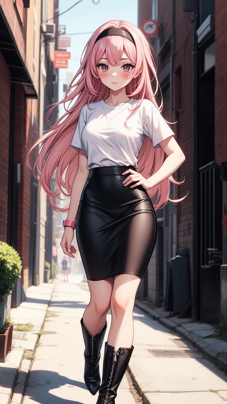 1womanl、​masterpiece、top-quality、shirt、neck tie、pencil skirts、Pink pantyhose、very heavy rain、huge smile、