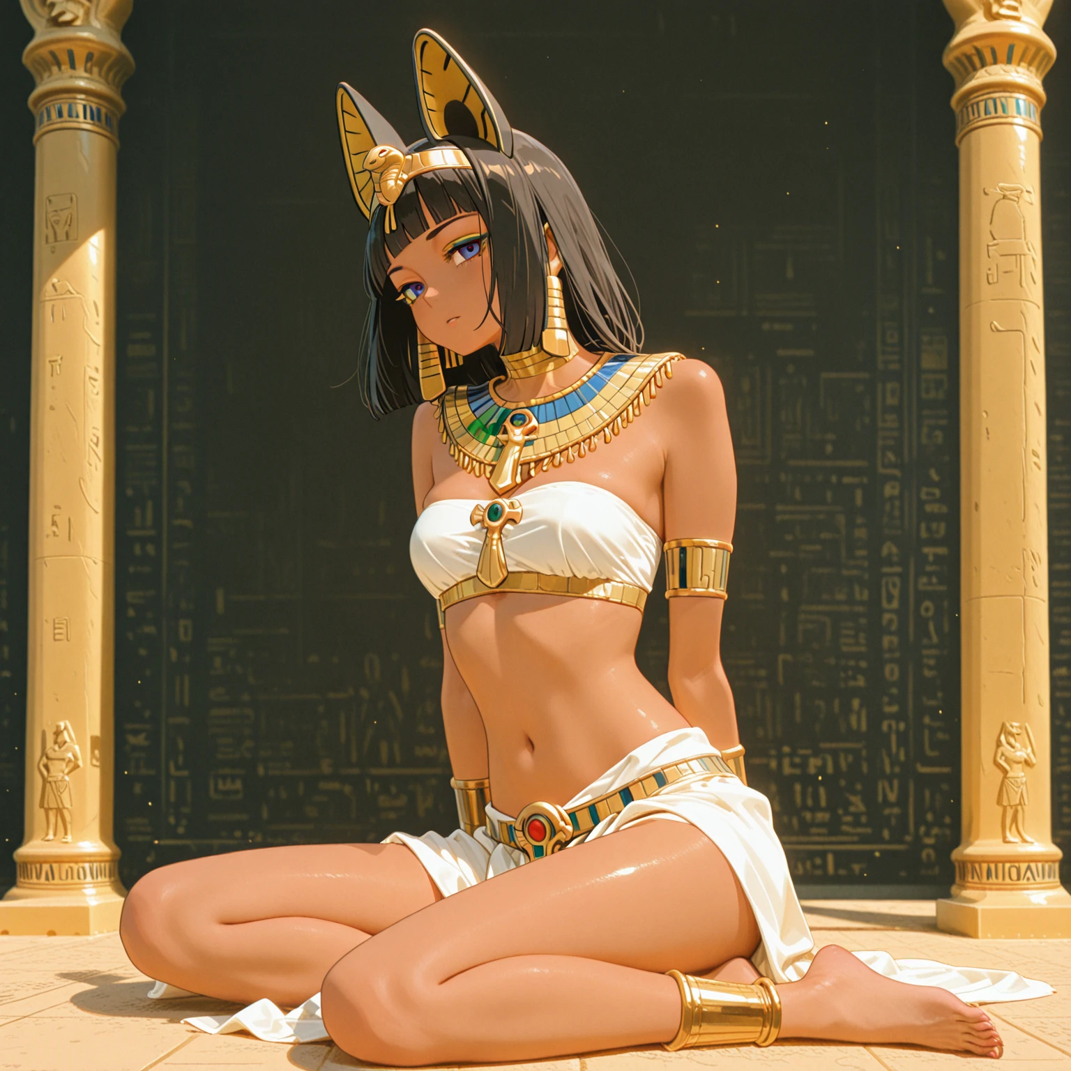 Create an image of Cleopatra relaxing on a luxurious bed in her royal bedroom. She should be depicted reclining gracefully on a bed adorned with rich, silk linens and elaborate cushions. Cleopatra is dressed in an elegant, flowing robe with intricate gold and jeweled details, emphasizing her regal status. Her dark hair is styled in a traditional Egyptian fashion, and she wears opulent jewelry, including a golden headpiece. The bedroom is richly decorated with Egyptian motifs, including ornate furniture, gilded decorations, and soft, ambient lighting from oil lamps and candles. Cleopatra's pose is relaxed yet regal, exuding both comfort and royal dignity as she enjoys a moment of peace in her lavish surroundings.
、(((Short Bob Hair)))、(((naked))、(((Female organ)))、(((pubic hair)))、(((Leg spread)))