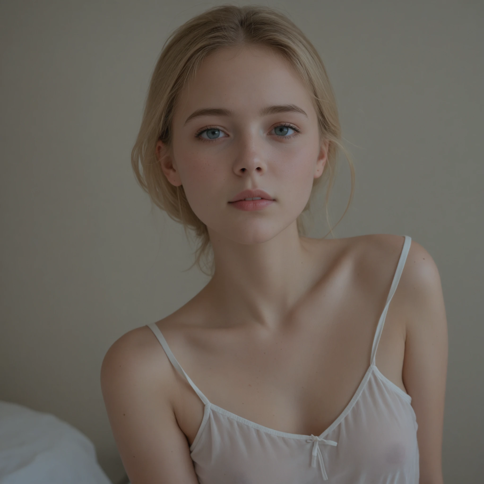 Best quality, hyperrealistic, details, 8k, teenager, fifteen years old, shy, sad, paleness, big blue eyes, very white skin, very small nose, short brown hair with bangs, white nightgown, Pink room, melancholy, very Beautiful.