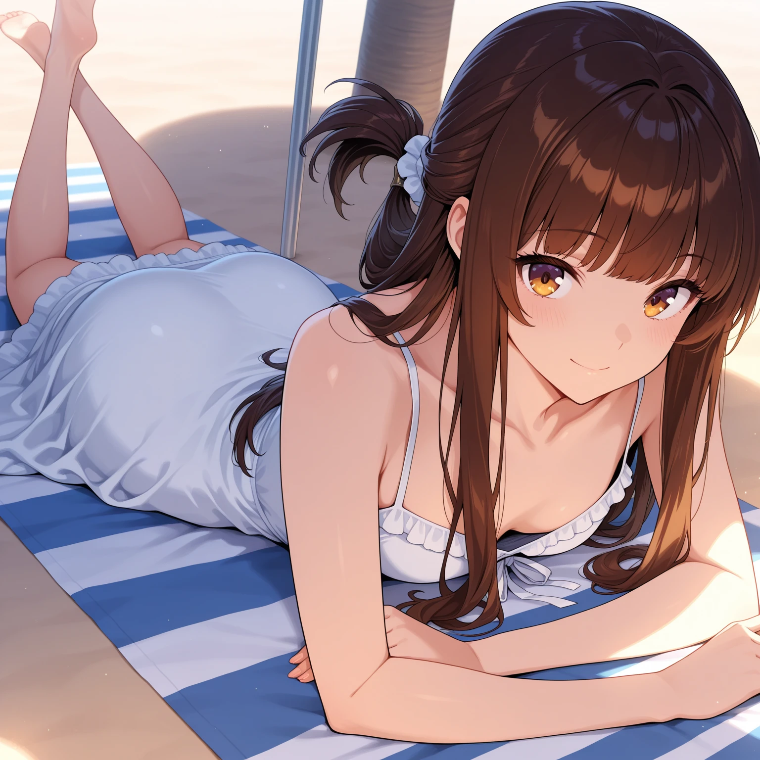 slender, mature female,1girl, rating:safe, armpits, solo, v, lips, sitting, brown_hair, breasts, looking_at_viewer, barefoot, blurry, chair, smile, long_hair,on_back, arms_up, depth_of_field, lying, brown_eyes, cleavage, camisole, bangs, closed_mouth, collarbone, nose, legs_up, legs, blue_eyes, medium_breasts, black_eyes, bare_shoulders, arm_up, sunlight