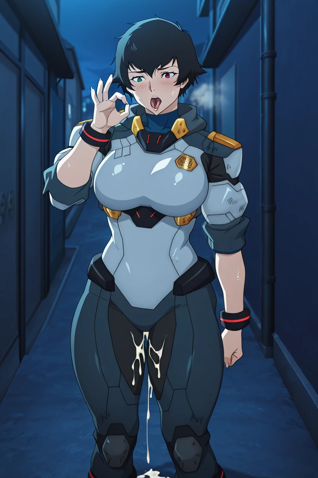closed mouth, (16 years old), ((1girl)), ((((solo))), (((alone))), (((genderbend))), (((female))), wide hips, thick thighs, huge breast, narrow waist, 1st pilotsuit, ((prostitute)) 1st skin tight bodysuit, cockpit, monitor, ((anime artstyle)), long eyelashes, (long black hair), (((raining))), (((storm))), (((at night))), (((wet))), in the dark