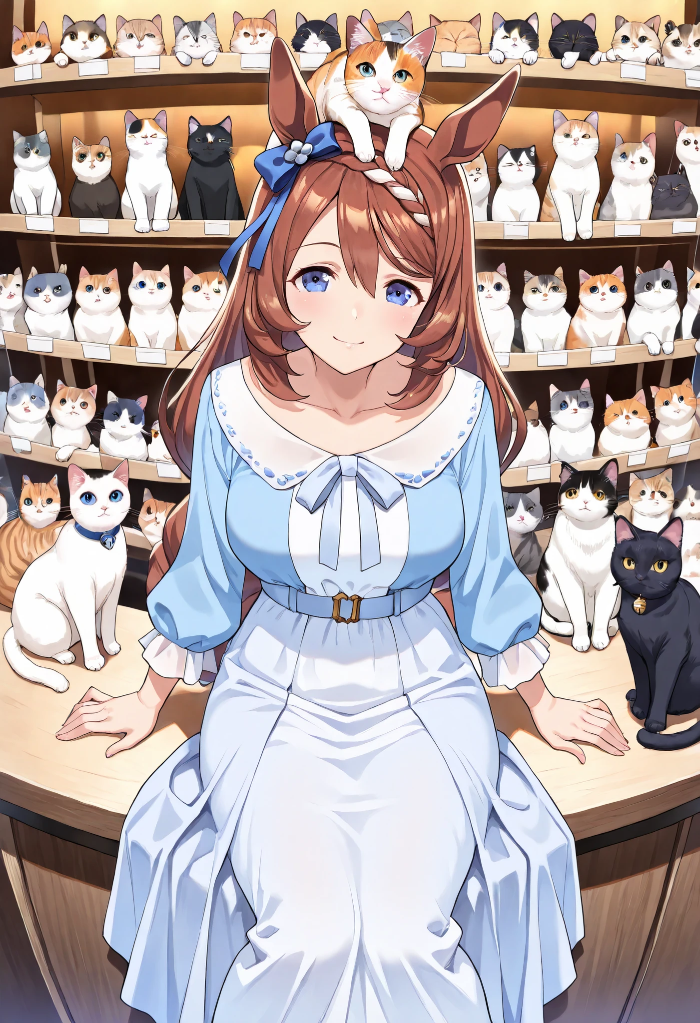(masterpiece, best quality, perfect face:1.4), wide angle, super creek \(umamusume\), horse ears, ear ornament, horse tail, tail on the lower back, proportional body, proportional, beautiful hair, beautiful face, beautiful detailed eyes, beautiful clavicle, beautiful body, beautiful chest, beautiful thigh, beautiful legs, beautiful fingers, looking at viewer, BREAK, wear a blue long dress, sitting there with a glass, bar counter with lots of alcohol lined up, BREAK, An expression with a seductive sex appeal, ((cat on top of head)), (((surrounded by many cats))), realistic skin, textured skin, HDR, BREAK, good hands,