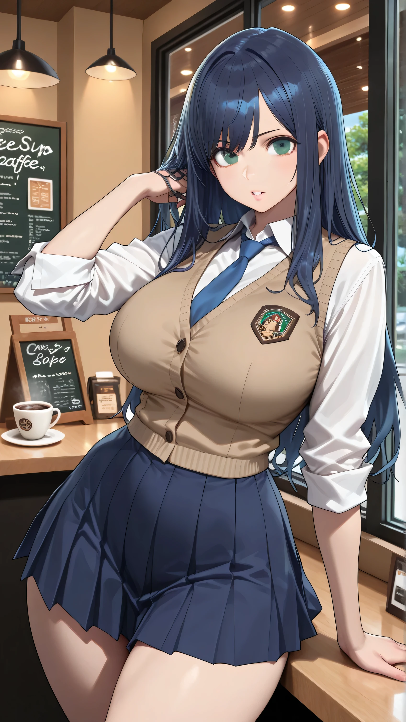Masterpiece、Highest quality、Super detailed、1 girl、(Big Tits)、Fluffy and soft long hair、Blue Eyes、Cleavage、Navy Blue Hair、mini skirt、cardigan、Cafe、pancake