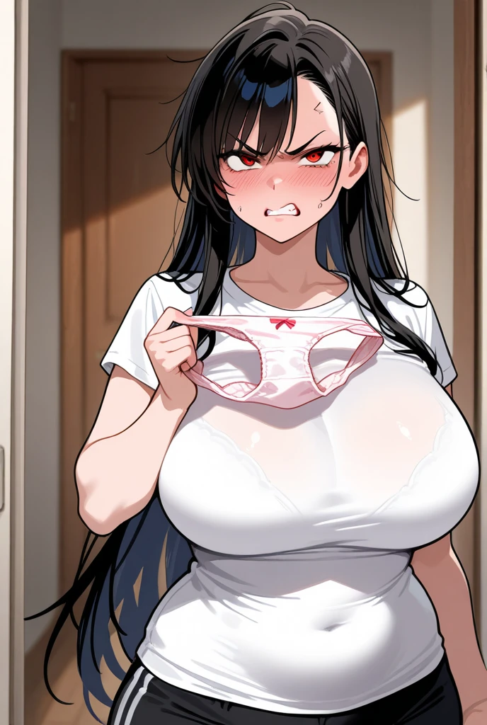 A woman with long black hair, wearing a business outfit consisting of a suit and tight pants, stands in a monochrome setting. The artwork is inspired by manga and incorporates a doujin style. The woman appears to be (wetting herself:1.5), which causes her to feel embarrassed and humiliated, resulting in a blush on her face. In addition, there is an air of anger in her expression. The lighting in the scene is moody, with a spotlight highlighting the woman's figure. She is crossing her arms, (arms crossed:1.5), fully showcasing tight pants., medium breasts