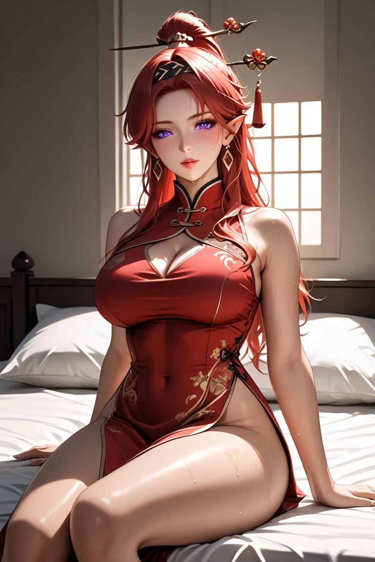 beautiful woman, red hair, big breasts, full body, pearl necklace, short dress, dress with big neckline, tattoo on the bust, tribal tattoo, passionate look, looking at the viewer, beautiful romantic background