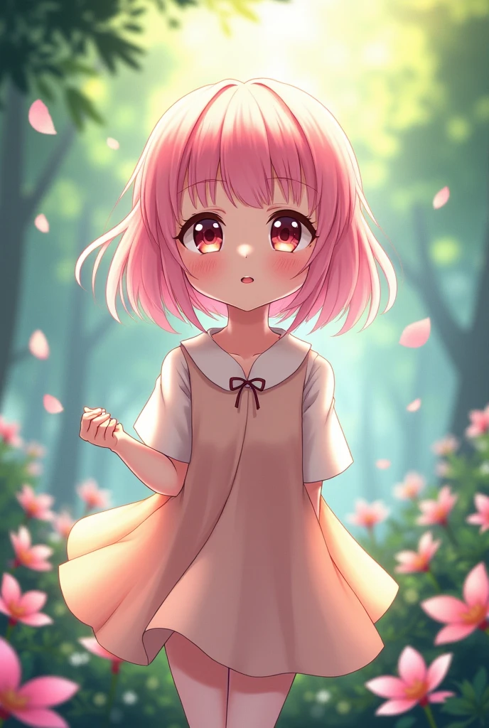Anime style, Full body portrait, Cute girl, pink hair,  body, barefoot, foot close up, perfect detail, nature Forrest background, natural lighting, 