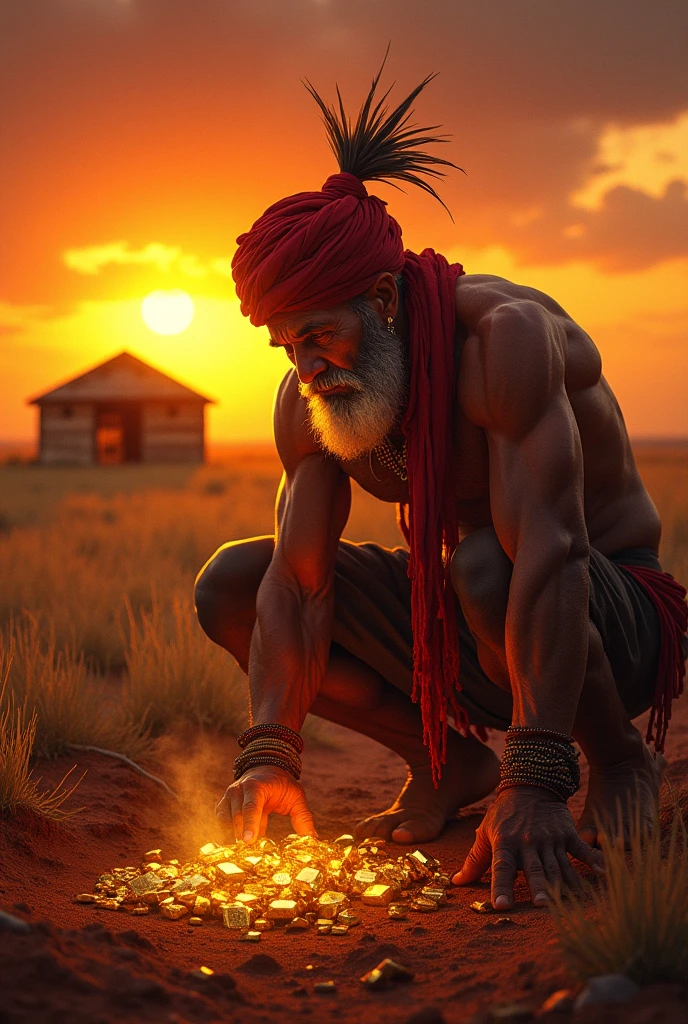 Photograph of a beautiful Colombian indigenous man, cooking delicately, at sunset, where gold and white are the colors that stand out the most