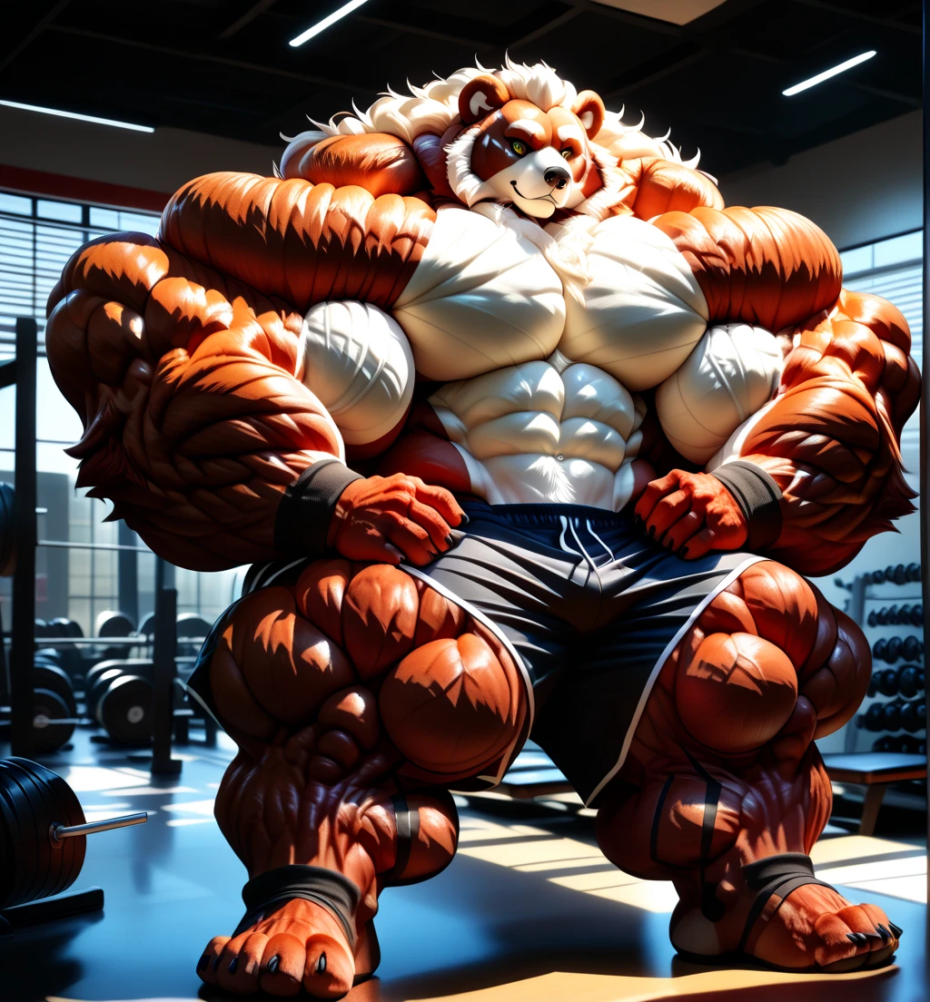 a huge muscular grizzly bear bodybuilder with extremely detailed fur, powerful muscles, black tank top, gym shorts, wristbands, gym shoes, working out in a well-equipped fitness gym with various gym equipment, official art, 4k, high quality, photorealistic, hyperrealistic, extremely detailed, intricate details, flawless anatomy, masterpiece, by Takemoto Arashi, by null-ghost