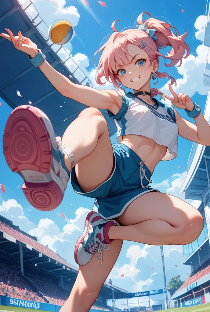 masutepiece, Best Quality, Ultra-detailed, Illustration, extremely delicate and beautiful,High resolution, Ultra-detailed,,Perfect face,Slender Perfect Body, Tight belly,Toned buttocks,Constricted waist,,(Two girls running,dash:1.5), 15yo student,(1 girl with pink hair,One girl with gray hair), (Very short hair from one girl,One girl with long braid hair), Shy daughter, Short stature, small tits,(Flåm Athletics Stadium), (Fashionable track and field athletes),(lace shorts)、(high leg pantie), small tits, (Wet:1.2), track and field,((Very Wide Shot )),(Cameltoe),( Pubic area visible through clothes)、(clean legs),childishオマンコ、The shape of the pubic area is clear、rather small breasts、flat breast、{{The costume is very sheer}},{Through the clothesオマンコ},{{The pubic area is protruding}}、{{Pubic area exposed}}、{Costume with visible nipples},,{Papillae visible through clothes},{Pink papillae}、pointed papillae 、{{pointed Nipple}}、オマンコthe shape of the is clear、
