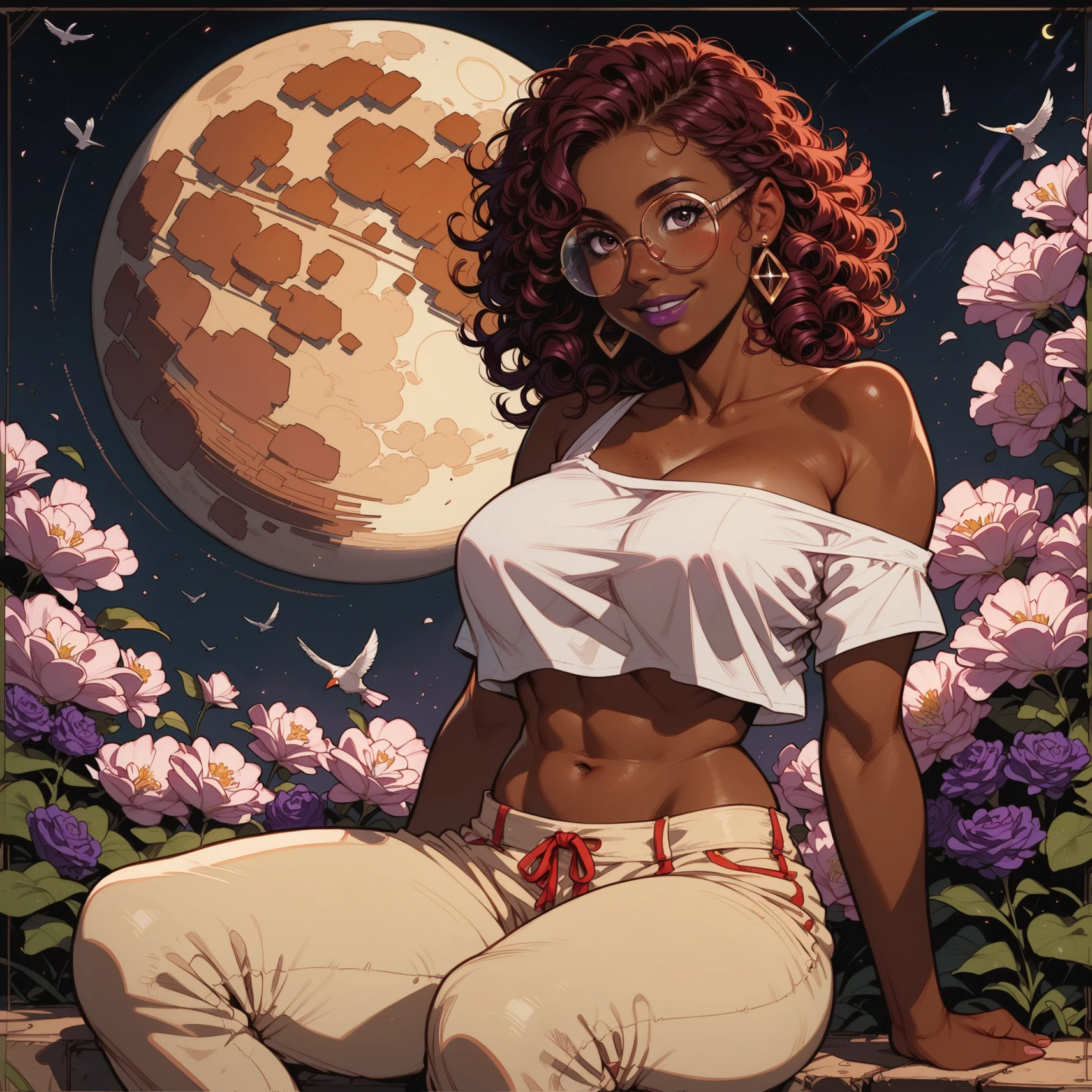 1fille, (Best quality:1.1), (Masterpiece:1.4), (absurdes:1.0), portrait, 1fille, (cheveux volumineux)+ , ((curly hair))++, cheveux longs, ((dark skinned))++, (((cheveux roses ))), (golden eyes), Cheveux courts, Gros Seins, Pink Hair , (big lips)+, evening dress, Party Dress , Short Dress , Bas en dentelles, black stockings , peau brillante, Brillant, starry night , pleine lune, Decor Urbain, Bas dentelle, Fioritures, pose dynamique, seiza