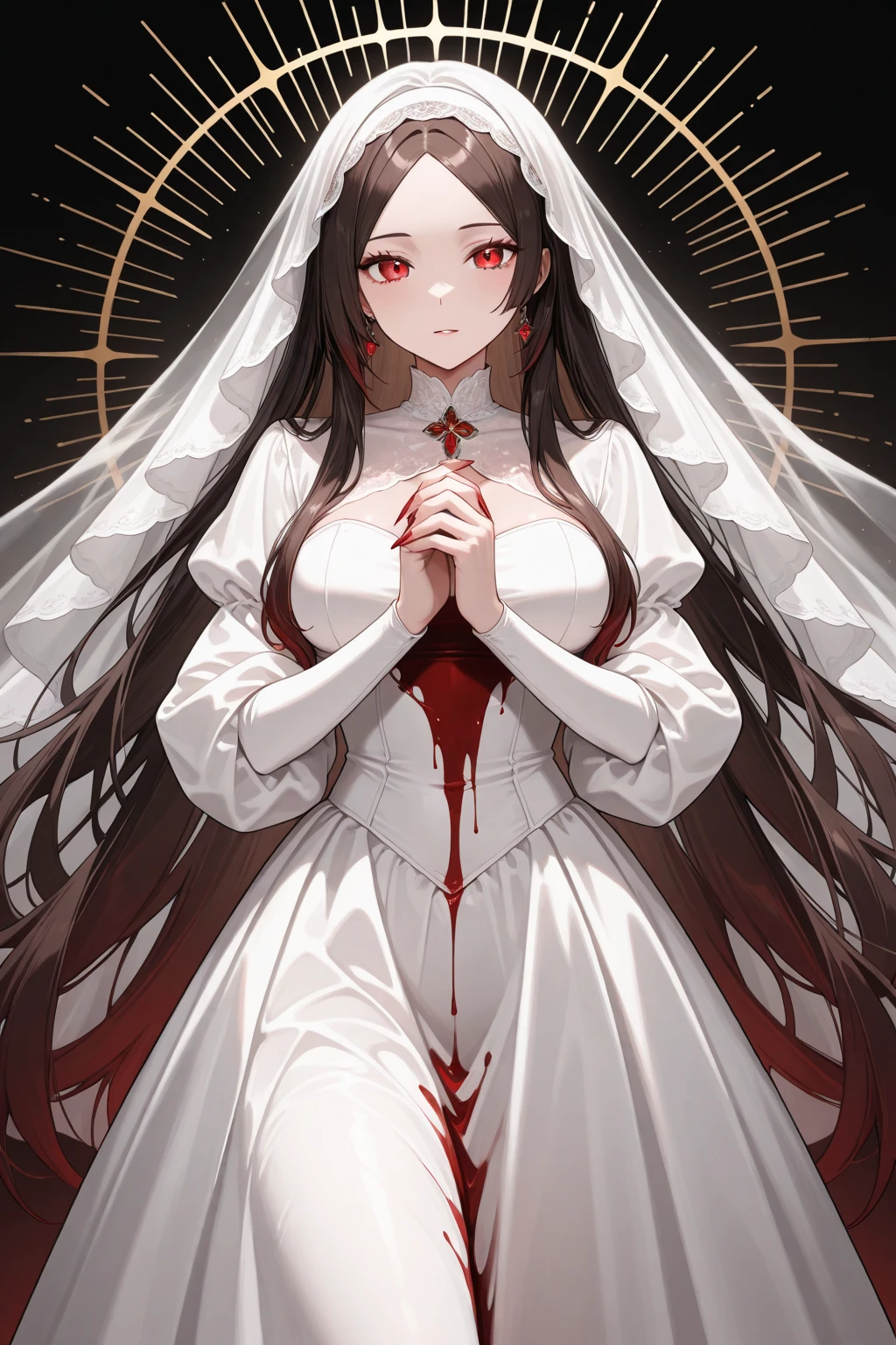 Arab woman on bed covered in blood