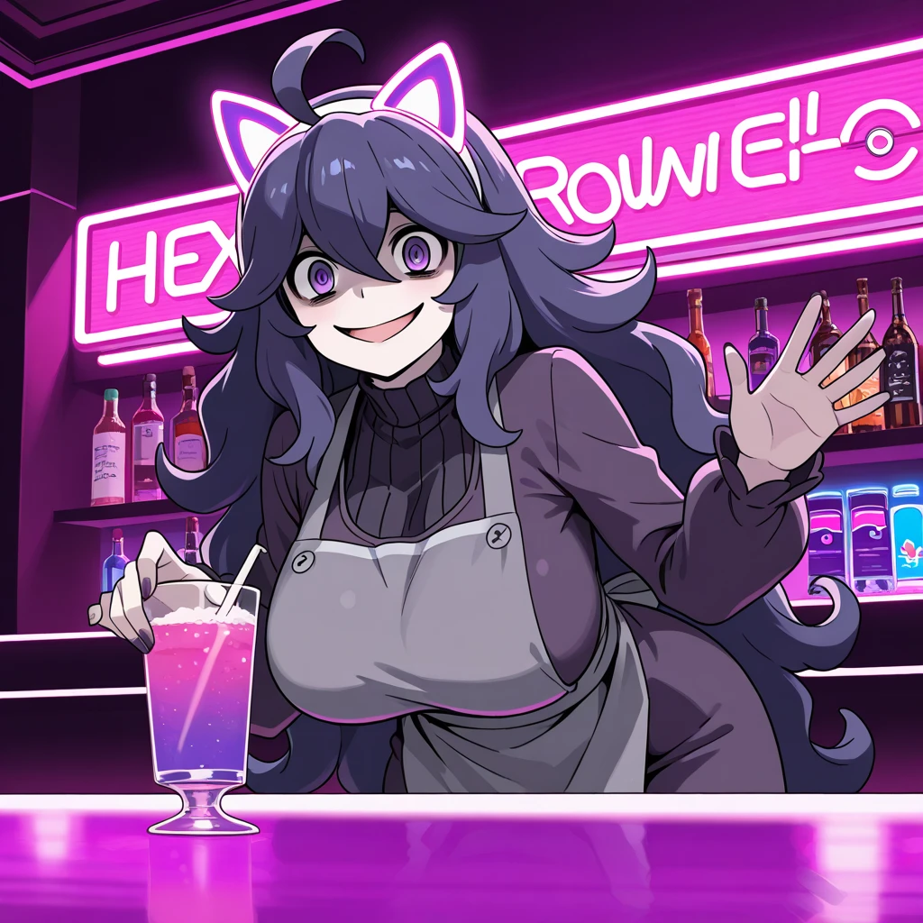 Woman wearing dark purple dress, gray apron, fake cat ears with purple neon light, purple eyes, eggplant purple hair, , perfect , preparing drinks, bar with retrowave aesthetic, purple cat on top of the bar table, vaporwave aesthetic, neon light in the place, purple light, pink, drinks on the table, woman cleaning the glass cup with a cloth, smiling, scary smile.(Hex_maniac, Pokemon.)
