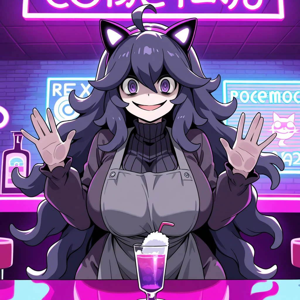 Woman wearing dark purple dress, gray apron, fake cat ears with purple neon light, purple eyes, eggplant purple hair, , perfect , preparing drinks, bar with retrowave aesthetic, purple cat on top of the bar table, vaporwave aesthetic, neon light in the place, purple light, pink, drinks on the table, woman cleaning the glass cup with a cloth, smiling, scary smile.(Hex_maniac, Pokemon.)
