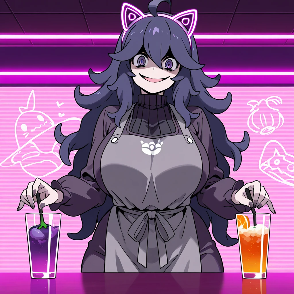 Woman wearing dark purple dress, gray apron, fake cat ears with purple neon light, purple eyes, eggplant purple hair, , perfect , preparing drinks, bar with retrowave aesthetic, purple cat on top of the bar table, vaporwave aesthetic, neon light in the place, purple light, pink, drinks on the table, woman cleaning the glass cup with a cloth, smiling, scary smile.(Hex_maniac, Pokemon.)
