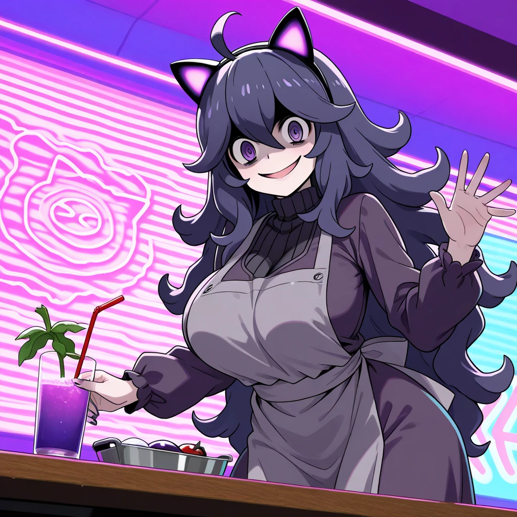 Woman wearing dark purple dress, gray apron, fake cat ears with purple neon light, purple eyes, eggplant purple hair, , perfect , preparing drinks, bar with retrowave aesthetic, purple cat on top of the bar table, vaporwave aesthetic, neon light in the place, purple light, pink, drinks on the table, woman cleaning the glass cup with a cloth, smiling, scary smile.(Hex_maniac, Pokemon.)
