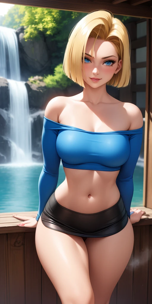 masterpiece, Highest quality,  Unreal Engine,  Super Resolution,  Very detailed, 

Beautiful woman, Android 18, Android 18, Blonde, blue eyes, eyelash, hoop Earrings, short hair, Earrings, Vivid expression, Healthy Body, Beautifully detailed sweat glands, Smooth skin texture, Carefully drawn, 

(humidity:1.2), Beautiful Eyes, (Attractive face:1.2), (Beautiful Skin), (Big Breasts), Puffy nipples, (Sticky with sweat), In a dynamic pose,

In the world of Dragon Ball, Outdoor, In the city of the future, 