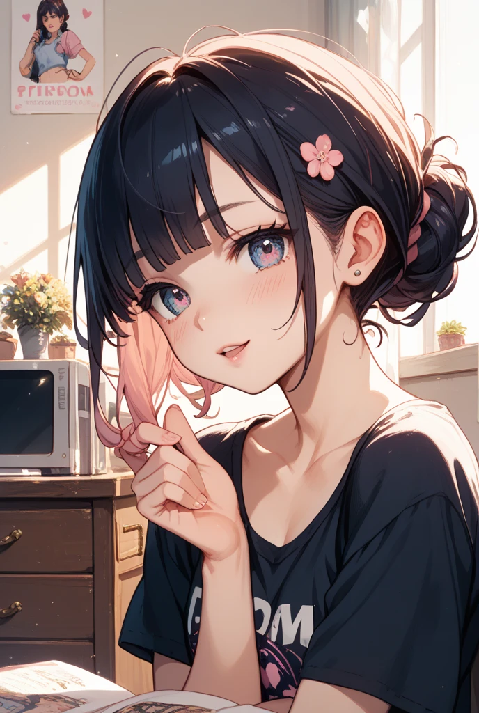 Shoulder sweater, Curly shorthair, hair scrunchie, Twin-tailed, kawaii pose、A face and pose that expresses deliciousness