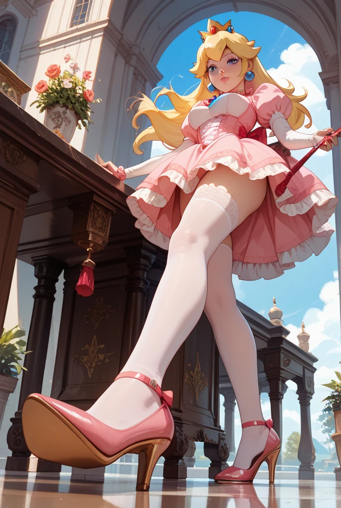giantess art, highly detailed giantess shots, giantess, Two legs, Five fingers, short hair, super giant princess, A beautiful girl who is bigger than any skyscraper, Wearing rimless glasses, Big Breasts, White gorgeous dress, White Pantyhose, white pantyhose, White stiletto sandals, toes visible through pantyhose, A very small big city, Miniature metropolis, Full body description, GTS, giga giantess, stomping city, crash city, tiny city, micro city, pantyhose feet, High resolution, highest quality, masterpiece, princess dress,