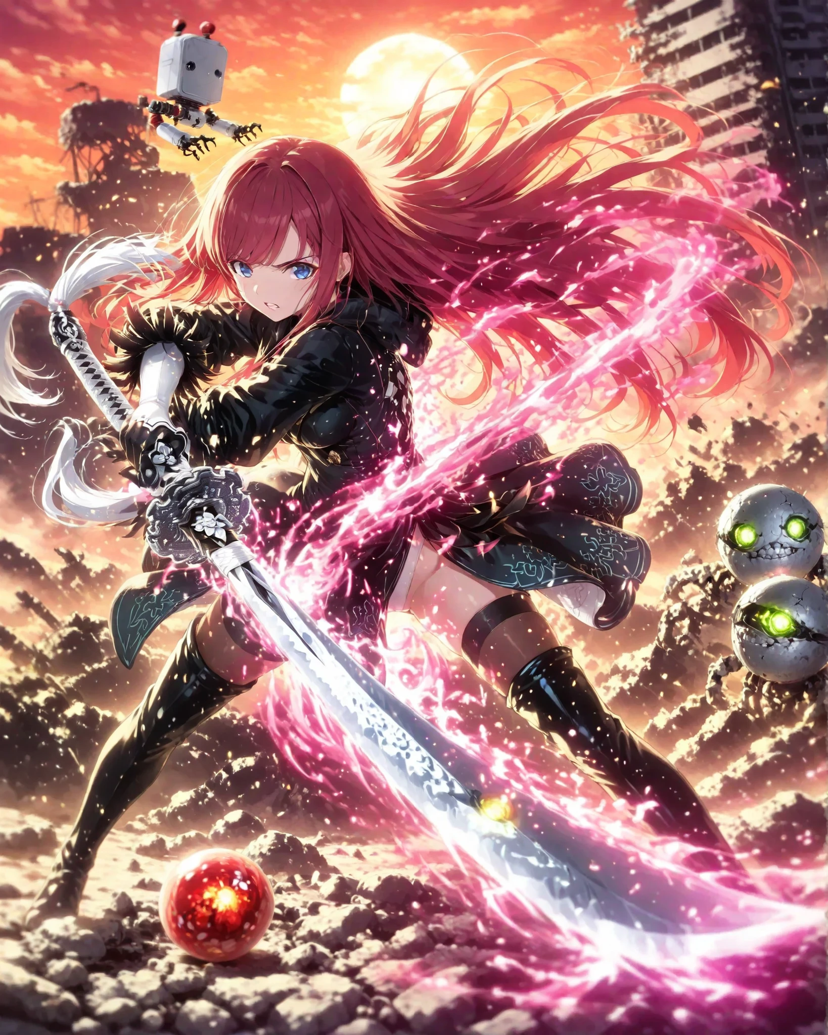 master, ultra detailed, 4k resolution, cinematic lighting, acoustic angle, perfect anatomy, natural proportions, expressive faces, a beautiful woman (nice curves), long red hair with waves at the ends, eyes purple, wearing purple cyberpunk armor with pink neon details, near her shoulder a pink sphere almost like an eye, holding a katana with pink neon on the blade, standing, with her back to the character 2B from the game Nier Automata, holding her katana sword, both in a fighting stance and back to back, teeth half-clenched, on top of a small pile of remains of destroyed robots and defeated monsters while around her an army of deformed robots and shapeless creatures advance towards them, the atmosphere looks like a nightmare/dream, destroyed buildings in the background, orange-toned sky, post-apocalypse tones and colors, perfect lighting, perfect shadows, ray tracing