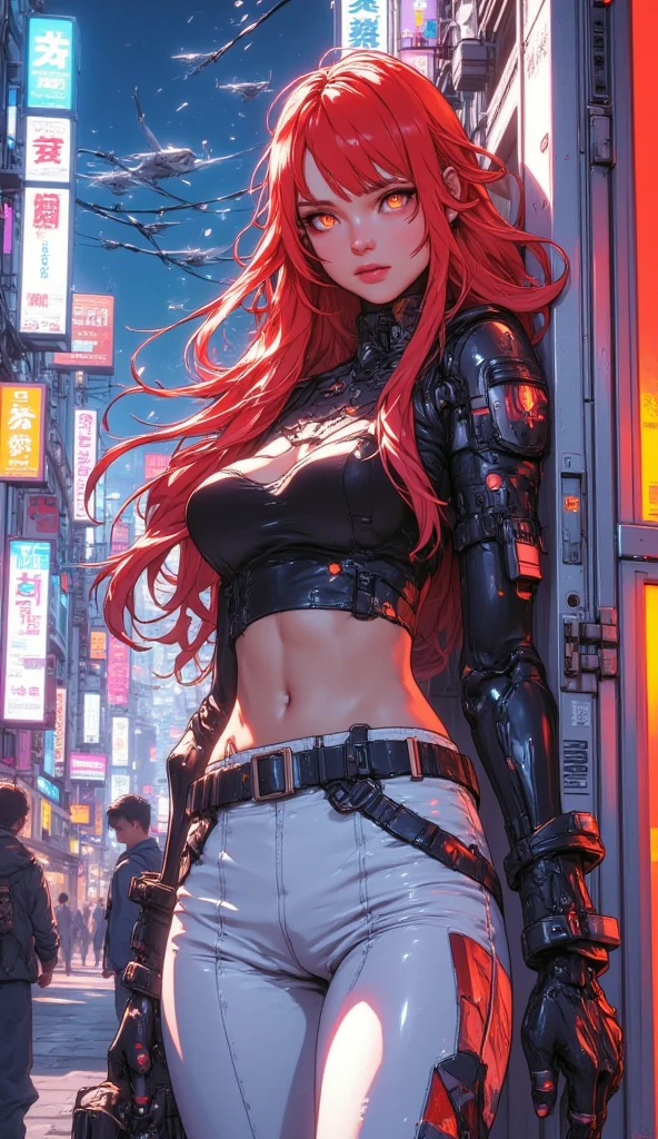 (8k, best quality, masterpiece:1.2), ultra-detailed, Masterpiece, realistic lighting,masterpiece, best quality, masterpiece, unreal engine 5, metahuman, extremely detailed CG unity 8k wallpaper,beautiful detailed eyes, light on face, 1girl, Asuka,full body, breasts, cybernetic suit, red_jacket, windbreaker, gloves, bandage, hair_ornament, bracer,  