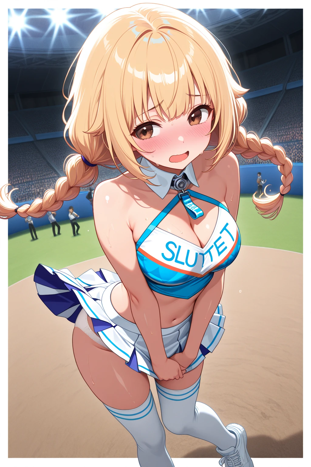(masterpiece, top quality, best quality, official art, beautiful and aesthetic:1.2),ultra-detailed,intricate details,amazing illustration,award-winning art,atmospheric,
BREAK 1 beautiful girl, girl, (cute:1.5),(Little:0.5),(cute:2.0),(change:2.0),(12 year old girl),(big breasts:1.65),(chin hair,blonde,blue bow,green eyes,Eyebrows visible through the hair,side lock,long hair with bangs parted, hair flower, hair ornaments, big ribbon in hair, curly hair, ponytail:1.6),:he, white feathers, one thin white wing, Ang he wings, spread your wings, shining wings),pit \black},glowing skin, beautiful skin, Shining beautiful skin, open your mouth, bashful smile, alone, tooth, upper teeth,(long eyheashes, double eyheids:1.2),alone, glowing skin, beautiful skin, Shining beautiful skin,(highest quality face),(highest quality shining eyes)
BREAK,arms below breasts,
BREAK
(baseball uniform, miniskirt:1.5), (heart background:1.2), (upper body:1.6),
BREAK
(hand up, peace sign:1.5), (one eye closed:1.2), happy, nose blush, grin, looking at viewer,
BREAK
(perfect anatomy, perfect arms, perfect hand, perfect finger, perfect legs:1.3)
BREAK,wakame,wakame,wakame,(dynamic pose,dynamic angle:1.4), from below,
BREAK,(Blurry background:1.3),(absurderes, hight resolution, Super Detail Art),cel shading,Clear Color, Lonely optical effect, Beautiful pictures, Bright glow, mystic atmosphere,(Close-up of girl:1.1), Mystical light particle effect,manga influence, clean line drawings,