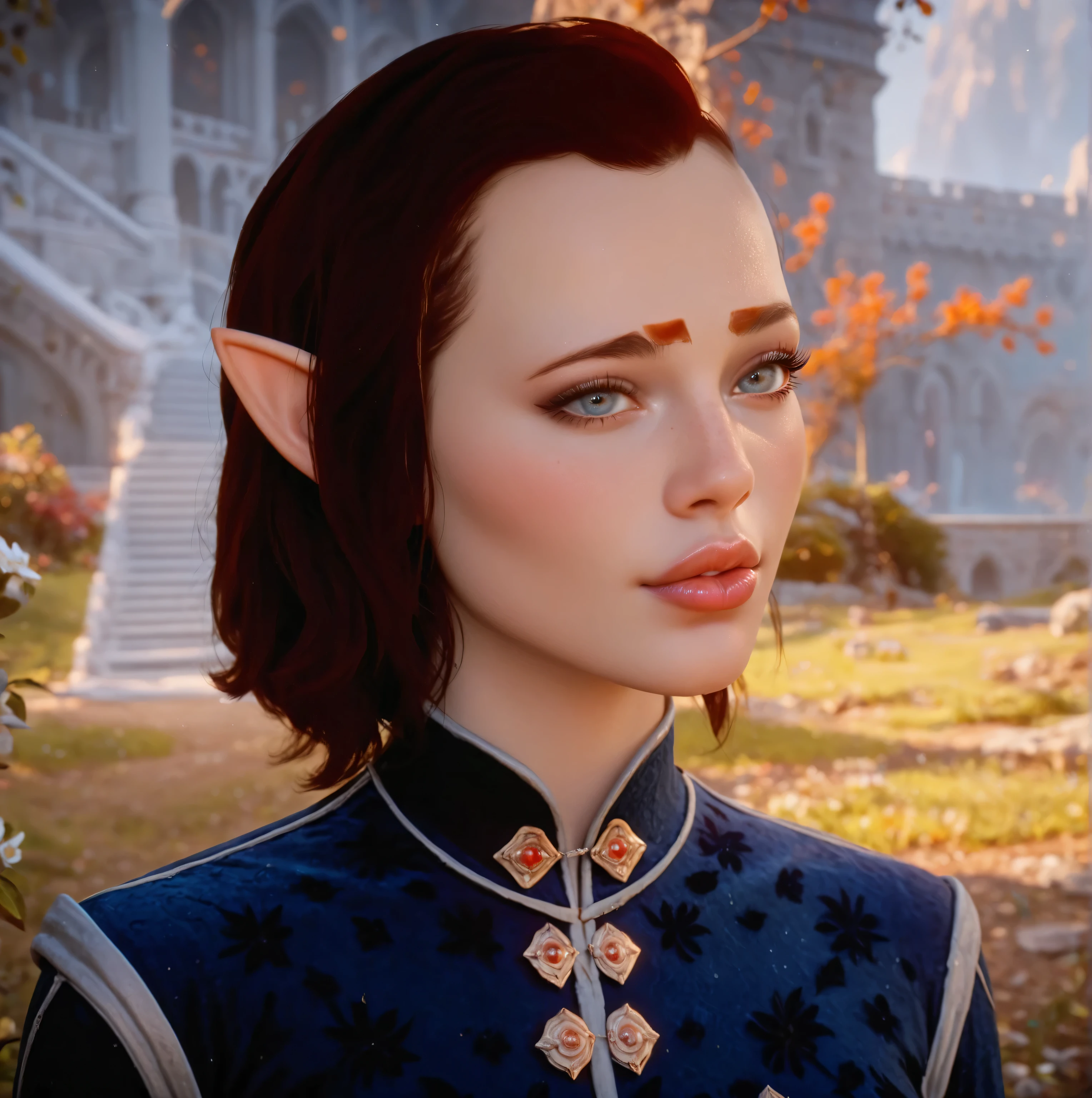 dragon age inquisition, elven character, elf woman, she has elf ears, female character, Perfect round medium breasts, short red lesbian hair, juicy lips, sexy body, slim waist, thin, skinny, silk, ornate embroidery, tattoo covering left eye only.