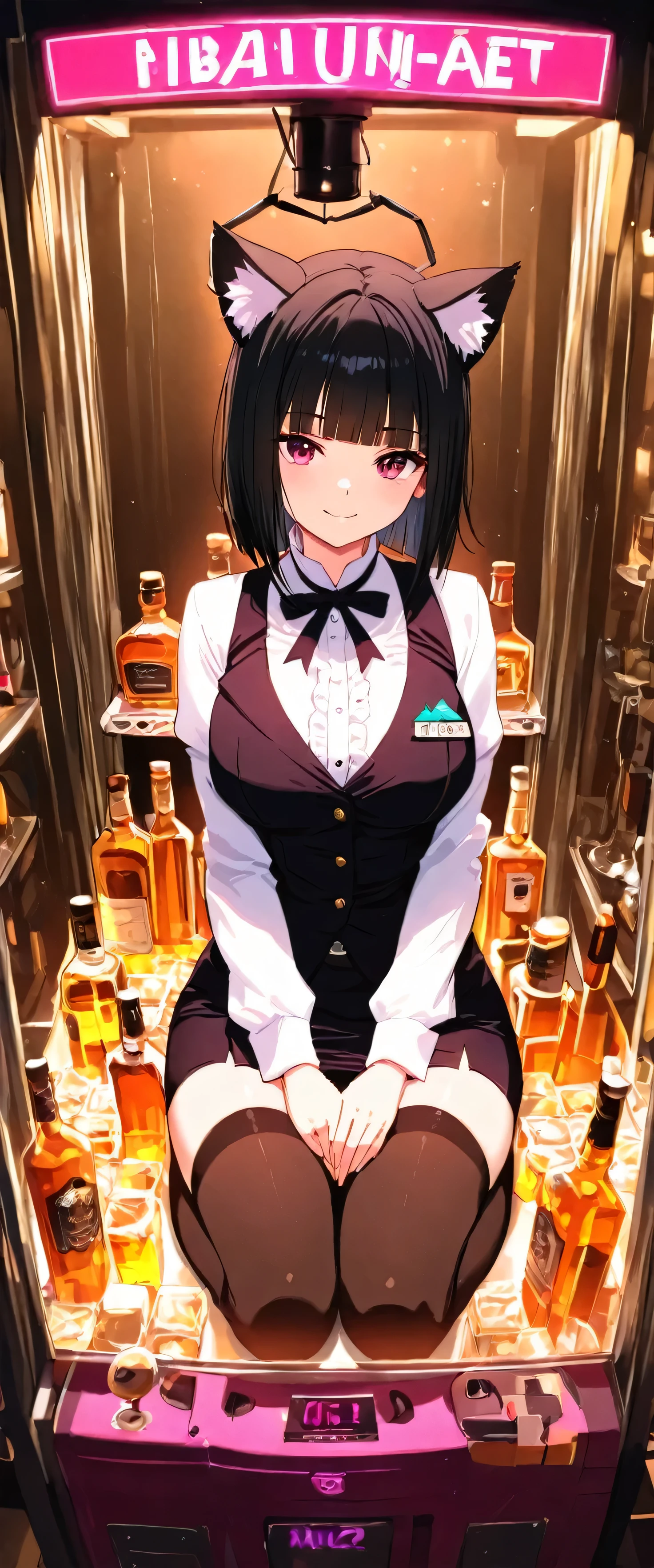 (beautiful girl: 1.3),masterpiece,Ultra-high resolution,rich contrast,Very high quality,8k,Highly detailed CG unit wallpaper,Texture,So ridiculous,RAW Photos,Depth of written boundary 1.2,(blunt bangs,medium hair,Black Hair),sidelocks,smile,in crane game,Bartender Outfit,seiza,cat ears,(((dark lighting))),(((A large number of liquor bottles are lined up))),neon light,,(((Tilt your head))),Black knee-high socks