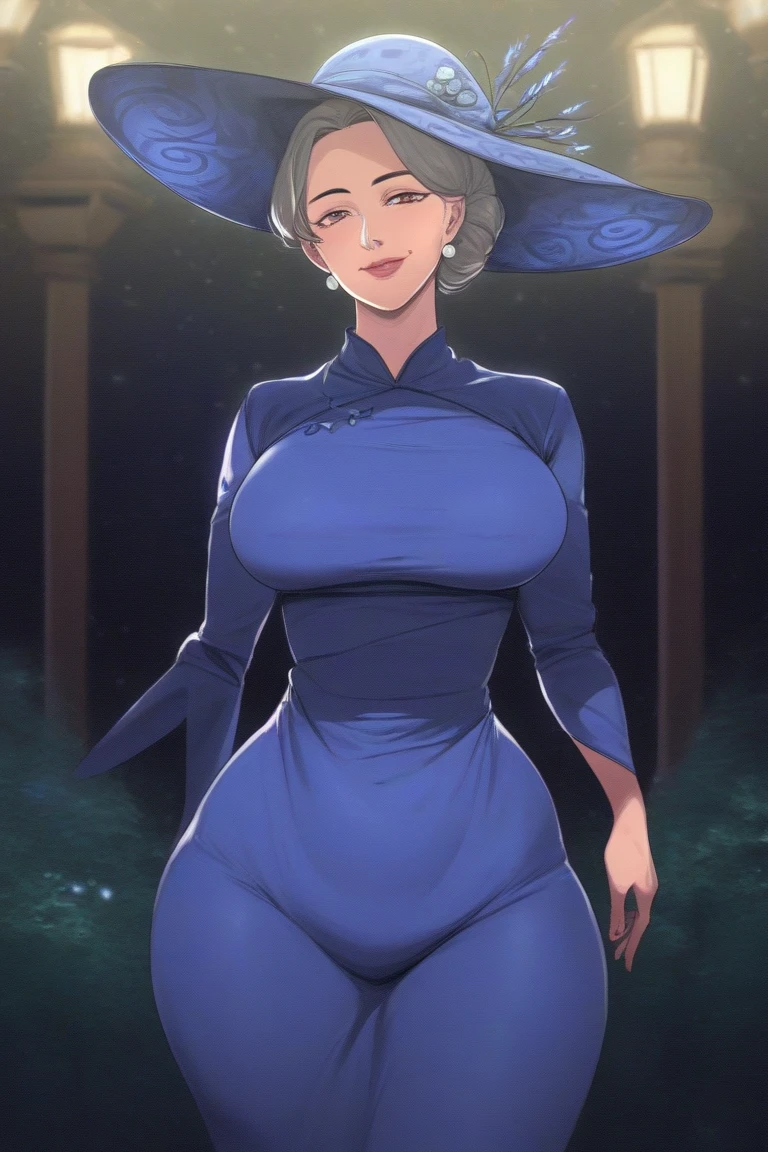 <lora:cogita:0.6>, cogita, 1girl, solo, breasts, looking at viewer, smile, short hair, cleavage, green eyes, flower, white hair, short sleeves, parted lips, elbow gloves, white gloves, hair over one eye, grey eyes, sunset, lantern, crossed bangs, stairs, colored inner hair, blue kimono, purple sky, white headwear, hat,