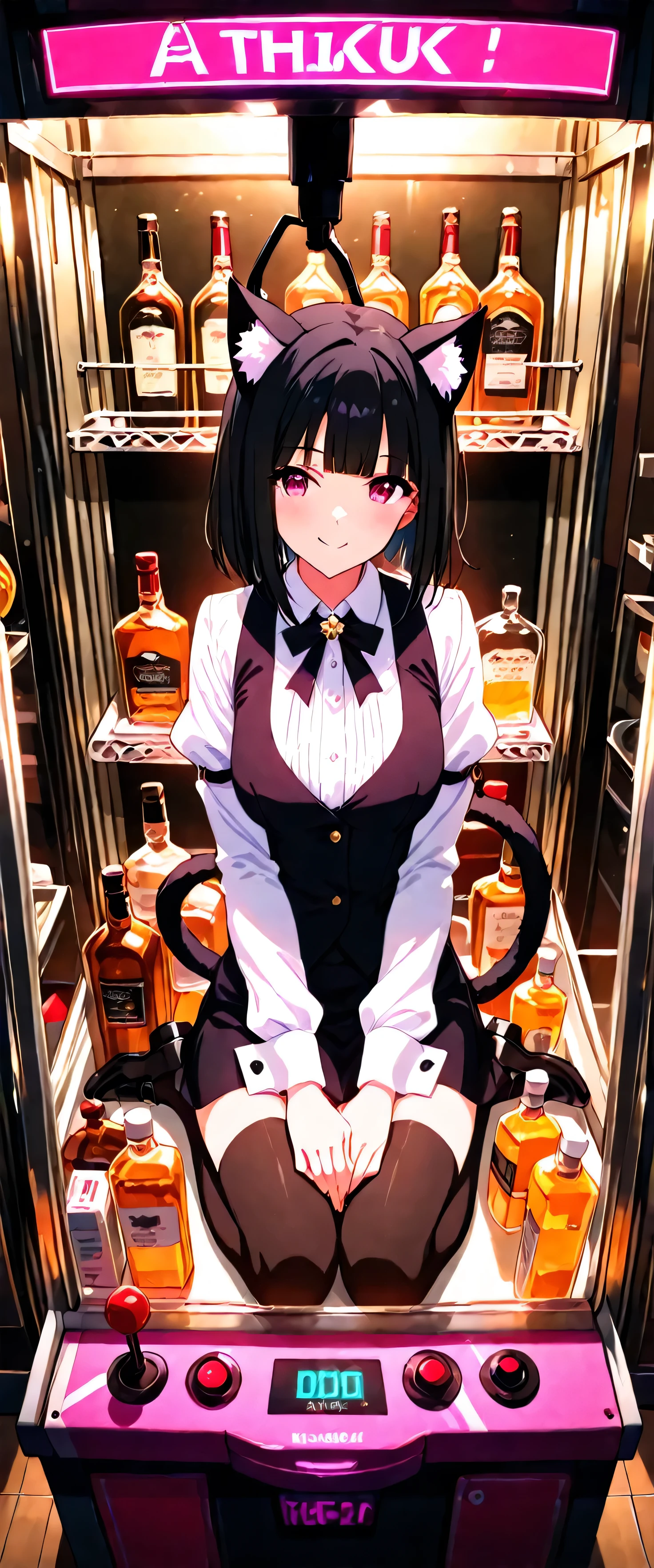 (beautiful girl: 1.3),masterpiece,Ultra-high resolution,rich contrast,Very high quality,8k,Highly detailed CG unit wallpaper,Texture,So ridiculous,RAW Photos,Depth of written boundary 1.2,(blunt bangs,medium hair,Black Hair),sidelocks,smile,in crane game,Bartender Outfit,seiza,cat ears,(((dark lighting))),(((A large number of liquor bottles are lined up))),neon light