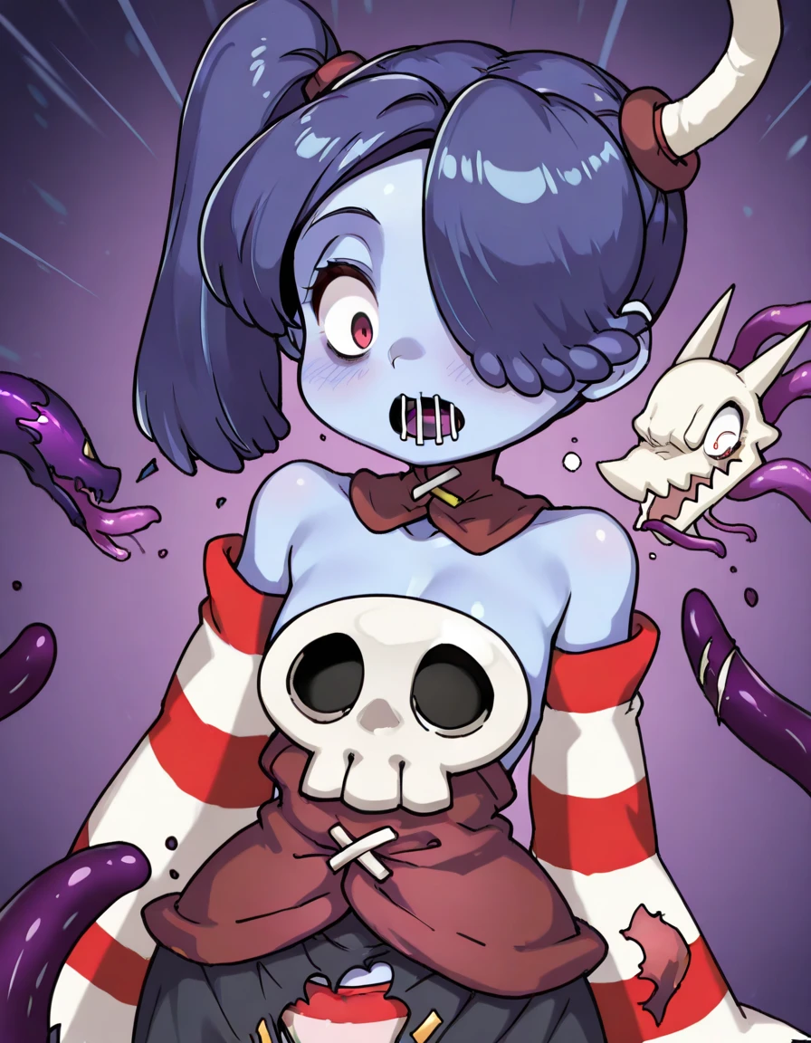 ((masterpiece, high quality, best quality: 1.3)), wavy, 1 girl, solo, medium breasts, facing viewer, bare shoulders, parted sleeves, hair over one eye, red eyes, side ponytail, single tail horse, loose collar, skull, ((blue fur)), stitches, zombie, striped sleeves, stitched mouth, extremely detailed, highly detailed, ((backlight particles, graveyard, spooky background, at night, moon, background from graveyard, detailed background: 1.5)), perfect face, beauty, perfect eyes, ((skeletal arm, vivid tails, dynamic pose, big butt, big lips)), baggy eyes, makeup, big eyelashes, cute, adorable, serious , ((leviathan: 1.3)), full body, natural light, moonlight, (long skirt, perspective:1.2),different point of views
