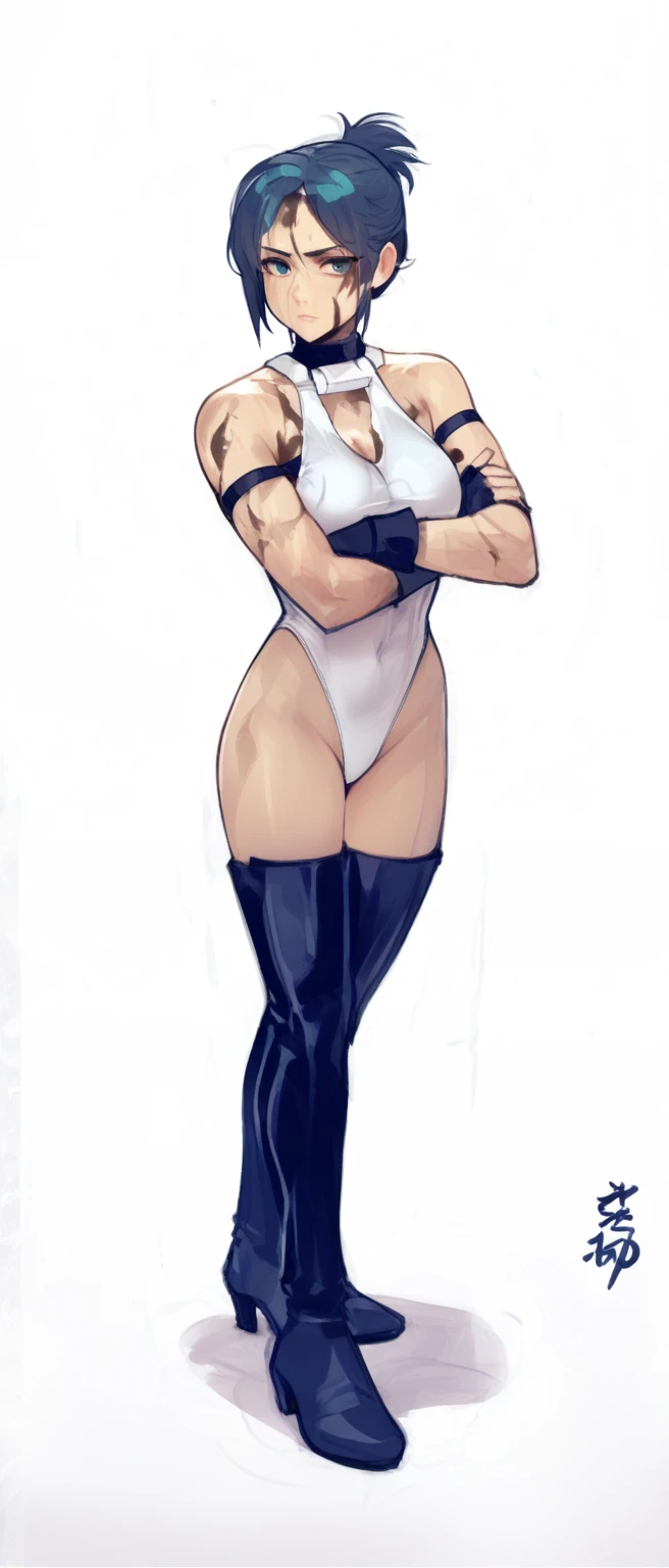 (plain background, 8k, best quality, masterpiece, realistic, photo-realistic:1.37) (full body height standing straight symmetrical contrapposto) (looking at viewer) 2legs apart (wide stance) ultra detailed, 1solo cute girl (beautiful detailed eyes) (smile:1.2) (closed mouth) view from below depth of field, good composition, bob hair, perfect knockers, suspenders, toned body, athletic, wide hips, thin waist, toned arms, exposed abdomen, abs toned, navel, big belly button belt ((red cheeks, red eyes, red tank top, red thong, red gloves gauntlets, red stockings thighs)) (Roxanne fluffy ears, dog ears, blonde hair)
