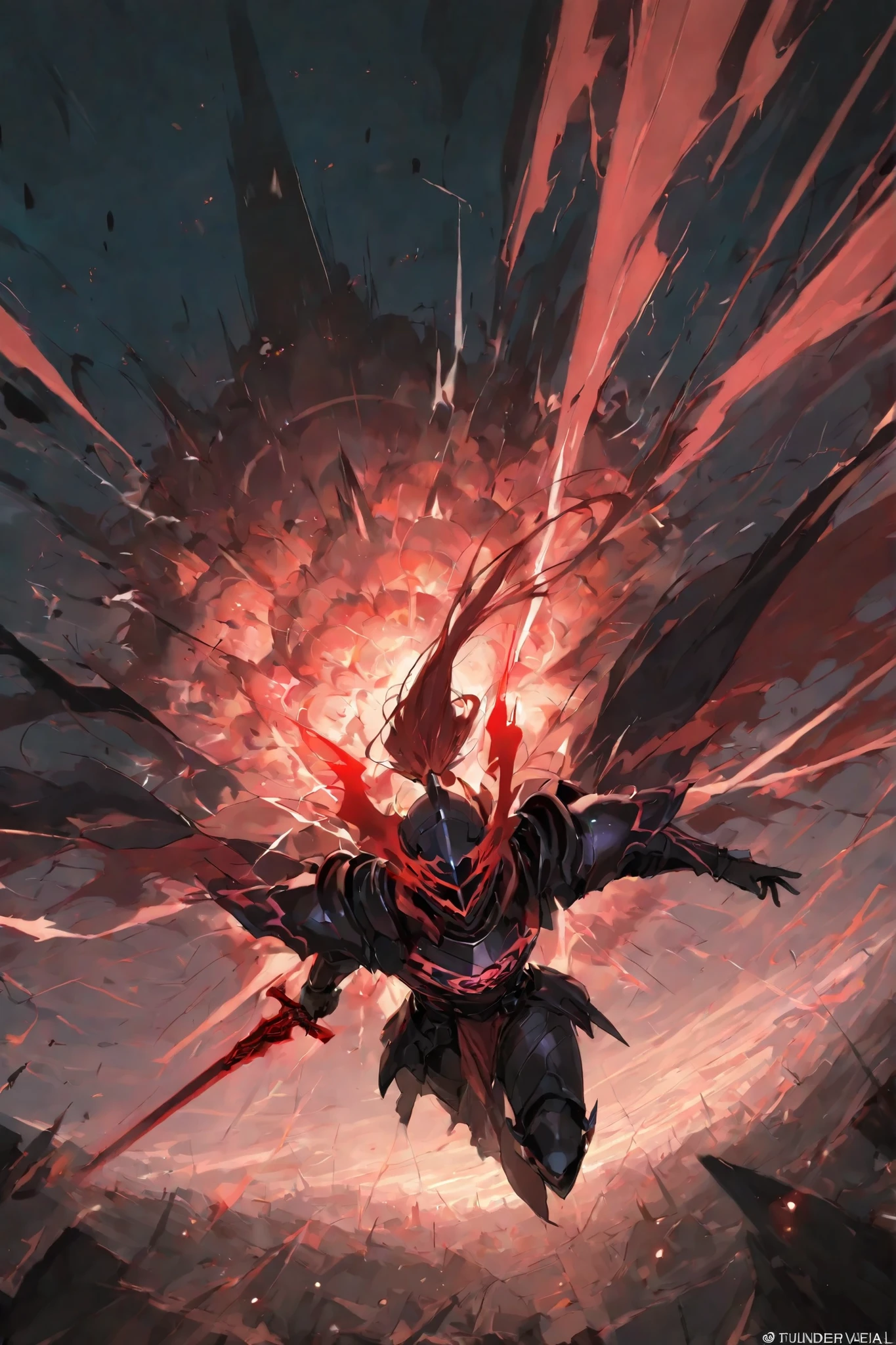 masterpiece, best quality,1 dark knight,best quality,heroic pose,dynamic angle,dynamic background,with epic light effect, high angle shot,like CCTV footage,dark burst of effects radiating from the center, outward flow of magic or particles, dynamic spread from core, thunder visual explosion of dark,dark thunder waves expanding from a central point, face clearly visible, character illuminated from within,dark red sword