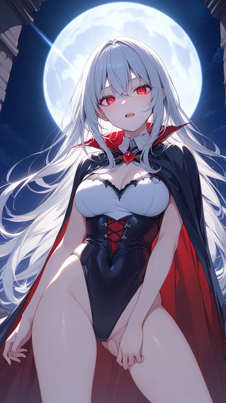 vampiresa sexy, sangre en los labias, labios grandes, sonriendo, colmillos de vampiro,