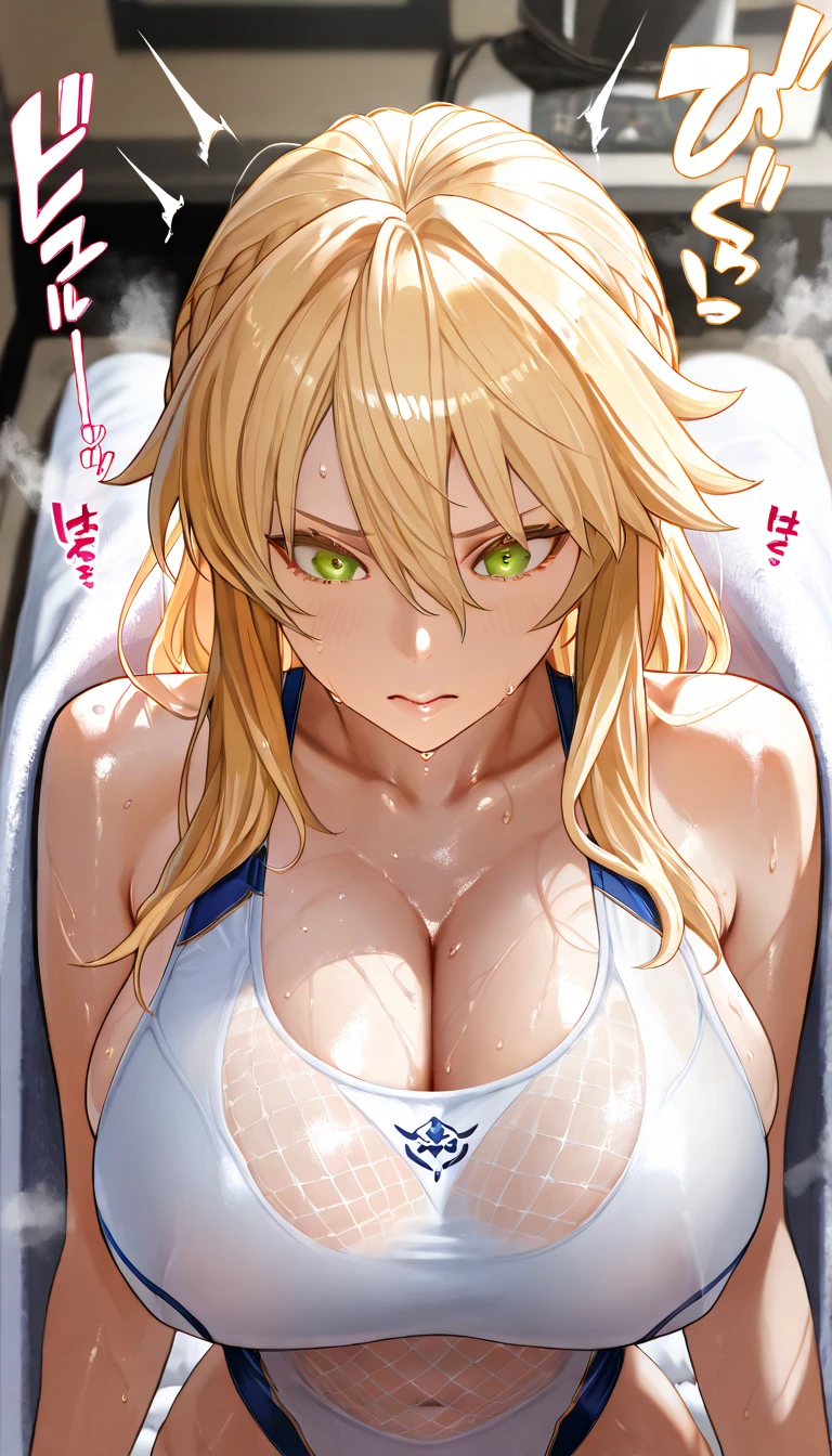 Best_quality, masterpiece, highres, detailed, detailed_background, ray_tracing_graphic, solo, adult_female, {saber_fatestaynightufotable:1.15}, blonde_hair, little_ahoge, detailed_green_eyes, blue_ribbon, 1girl, anime_coloring, detailed_face, scared_face, five_fingers, blush, large_breasts, official_white_bikini, blue_straps from_the_front, lying, bed, dark_room, night_time, looking_at_viewer, oily_skin, sixpack_abs, detailed_skin, detailed_texture, artoria_pendragon