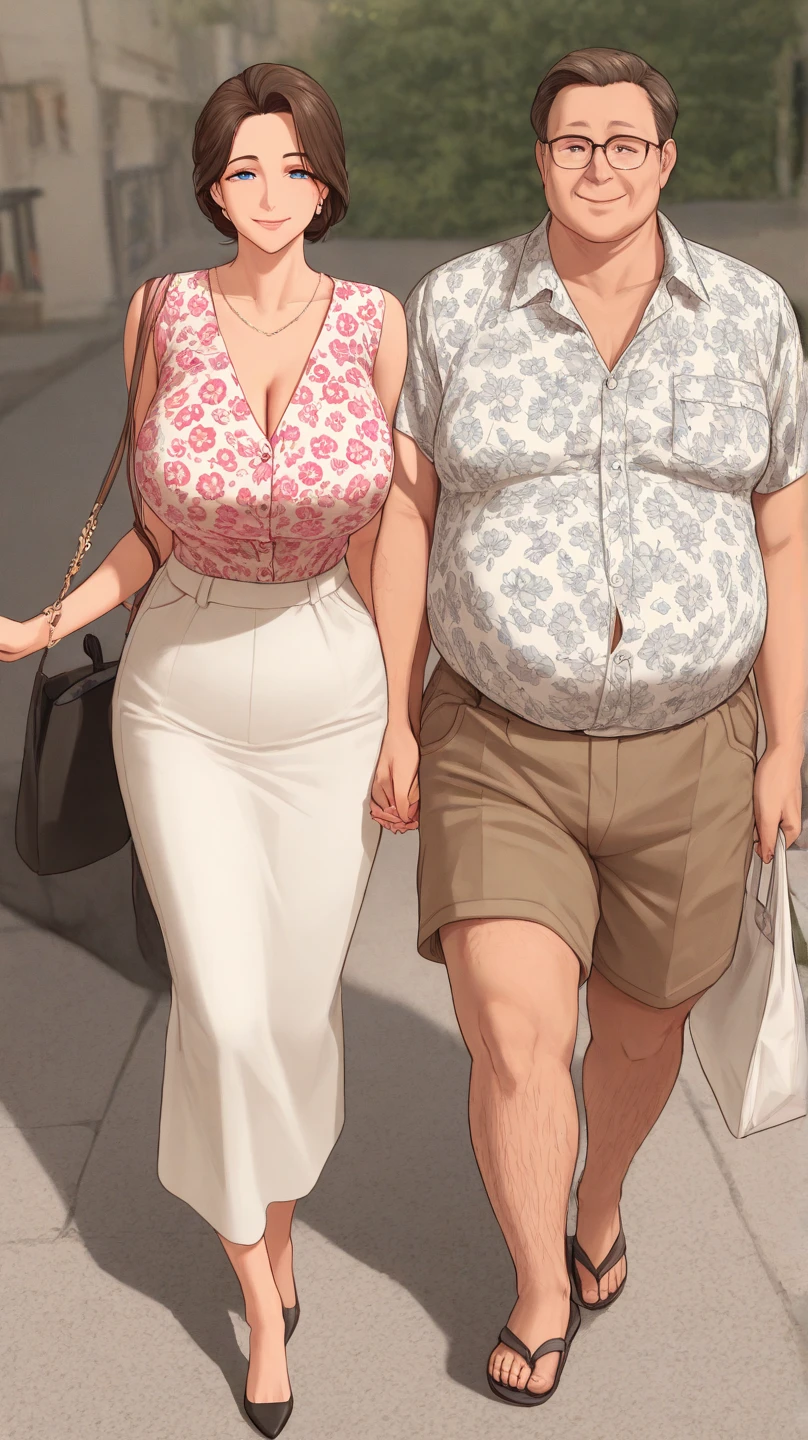 Beautiful woman 25 years old, not very high, long curly light blonde hair, Thin waist, big tits, well-shaped and large hips. She wears a secretary uniform, She is walking next to a fat, bald old man., romantic, Street, evening